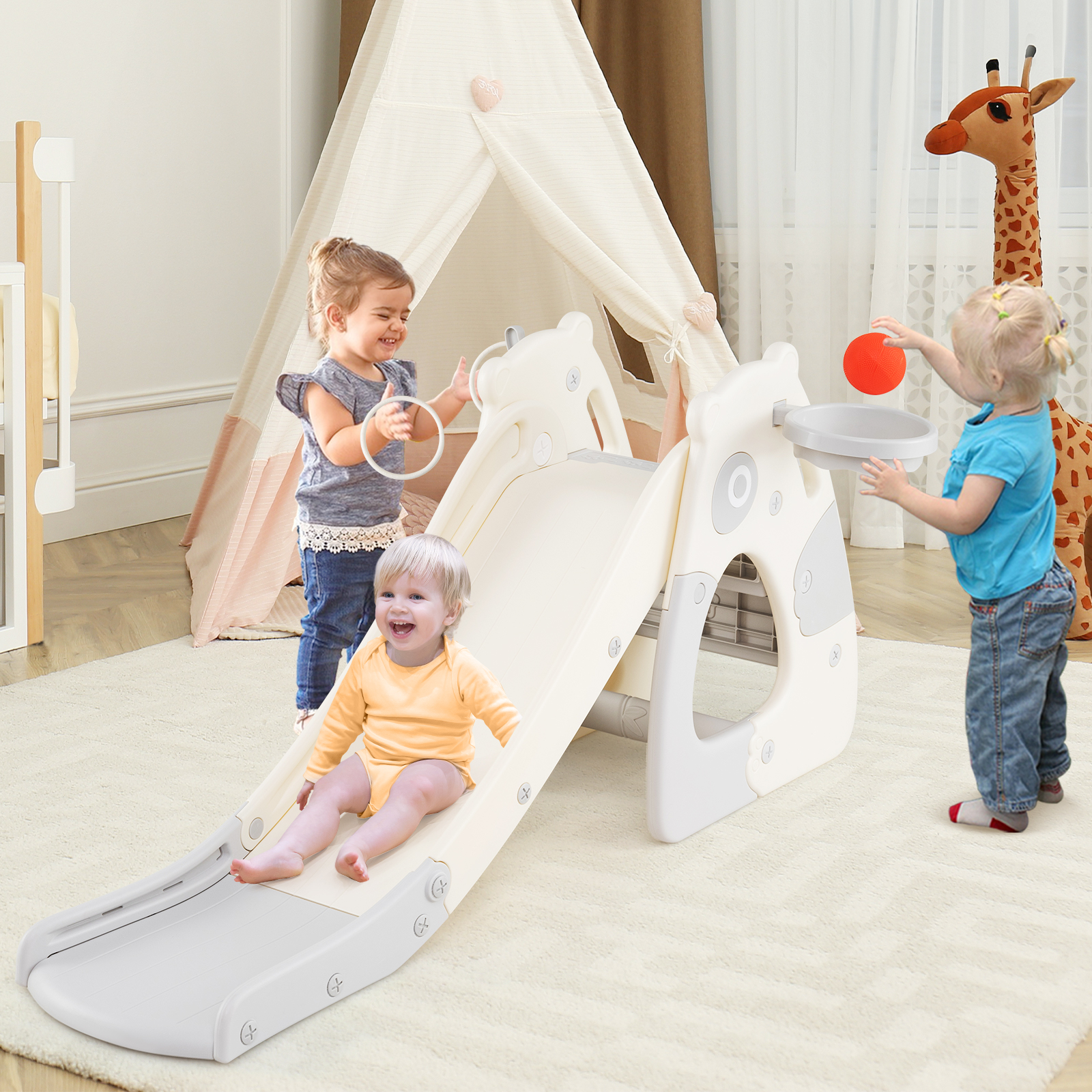 Faltbare Kleinkindrutsche freistehendes Babyrutschen-Klettergerüst mit Basketballkorb Grau