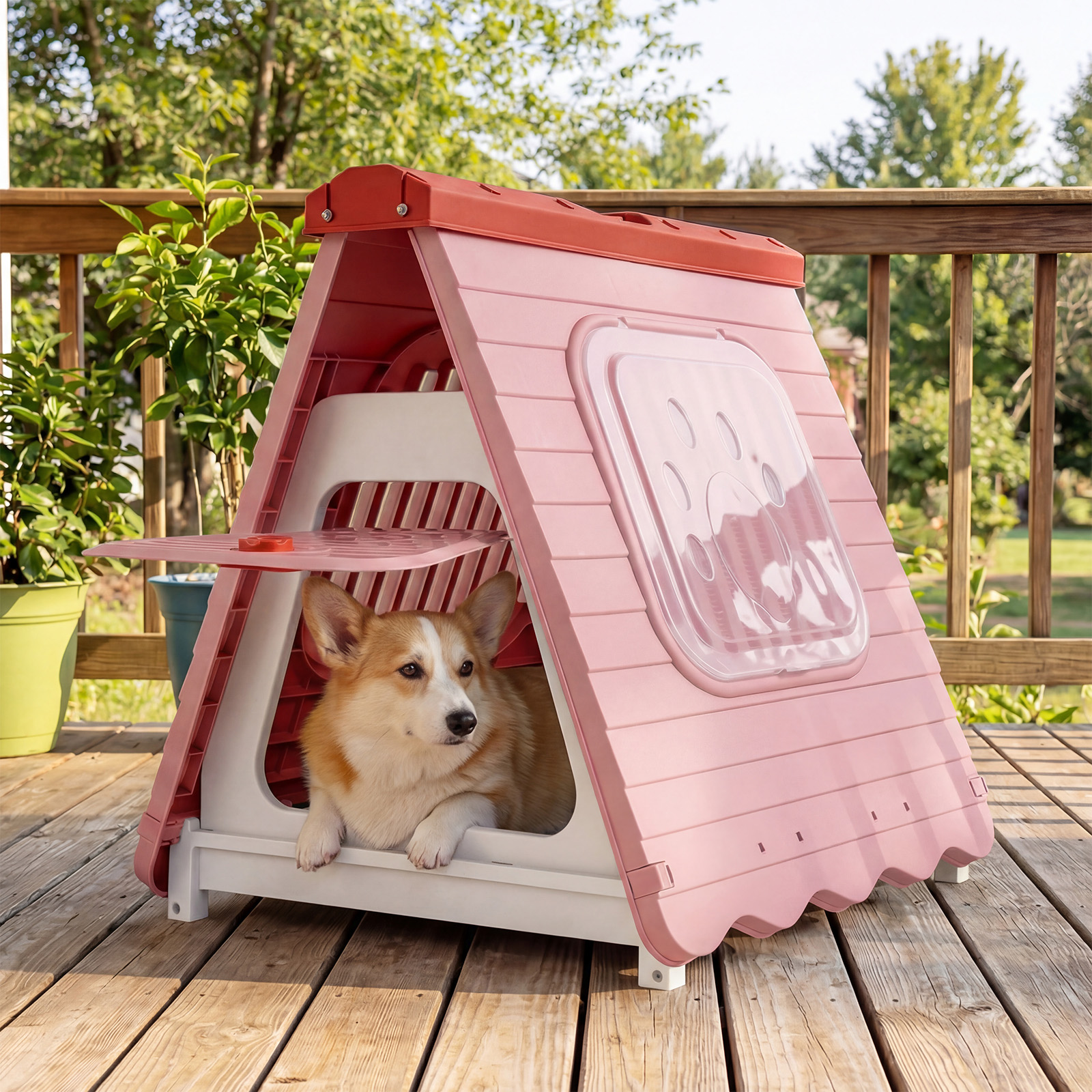 Outdoor Hundehütte mit Belüftete Fenster Klappbares Hundehaus aus Kunststoff Hundehöhle Rosa