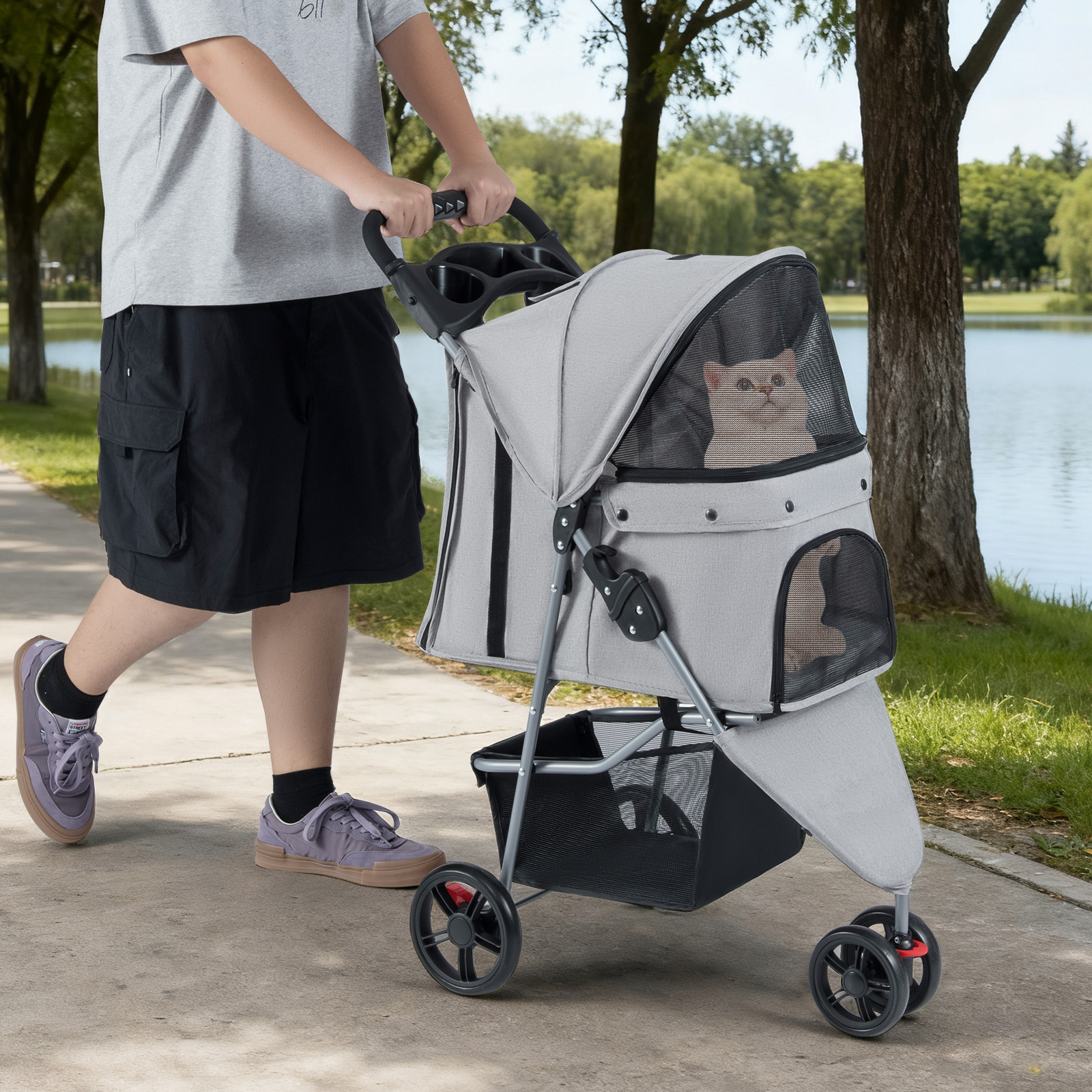 Faltbarer Haustierwagen leichter Katzen-Spazierwagen mit verstellbarem Sonnendach Grau