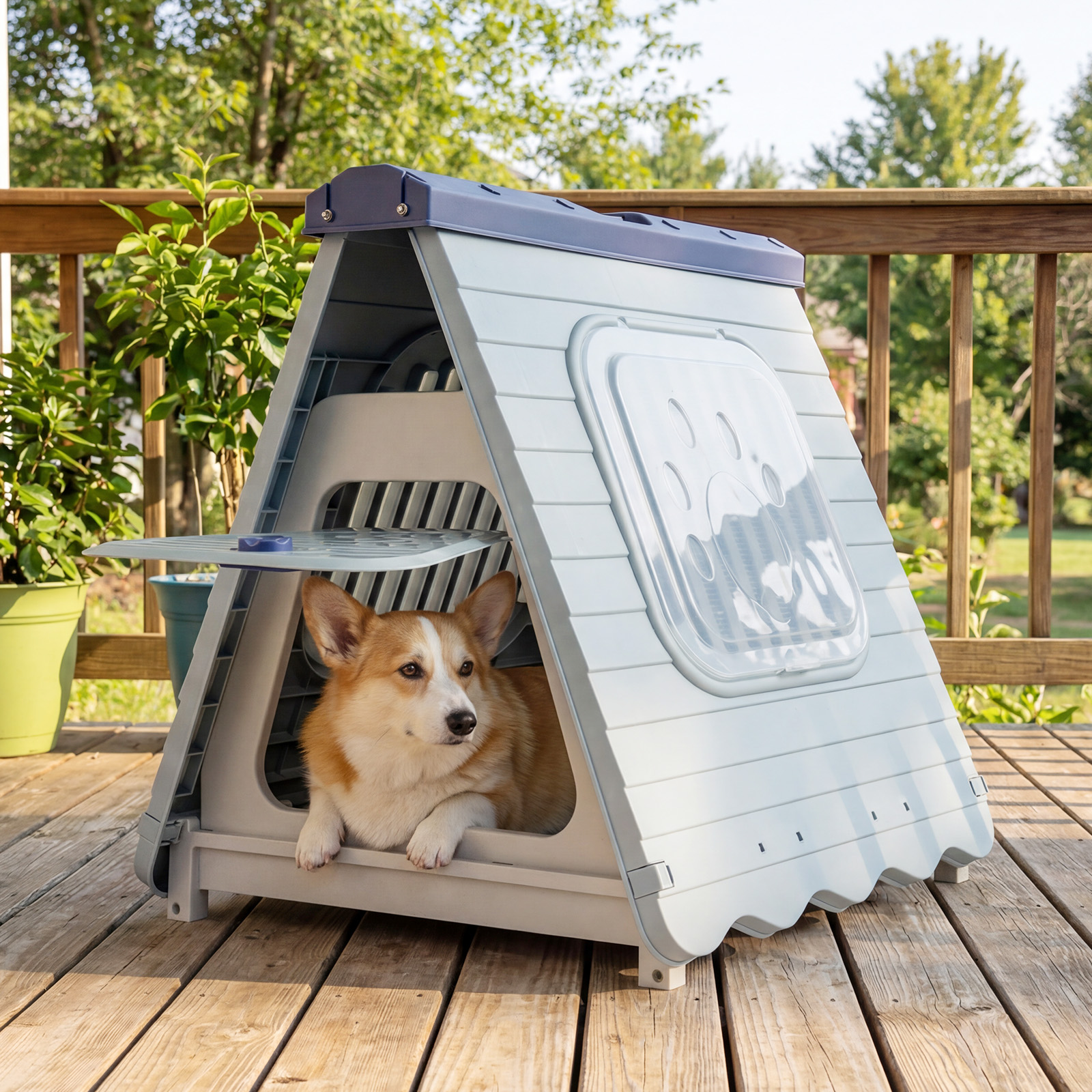 Outdoor Hundehütte mit Belüftete Fenster Klappbares Hundehaus aus Kunststoff Hundehöhle Blau