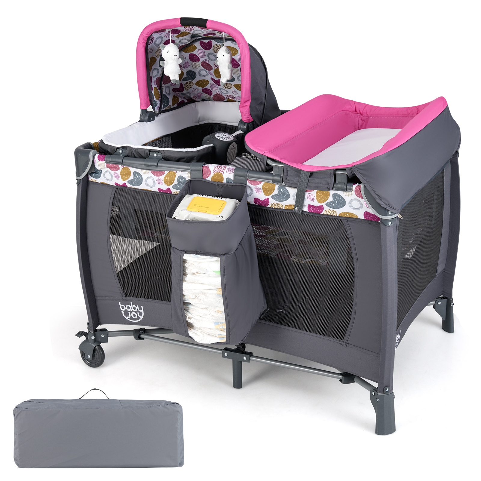 Faltbares Reisebett & Laufstall tragbares Babybett mit Babywiege Wickeltisch Spielbogen Musikbox