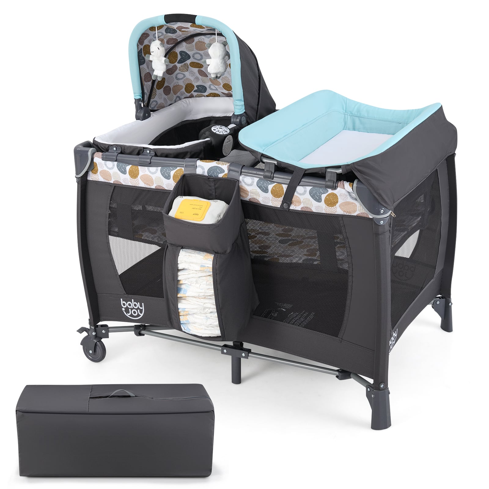 Faltbares Reisebett & Laufstall tragbares Babybett mit Babywiege Wickeltisch Spielbogen Musikbox Blau