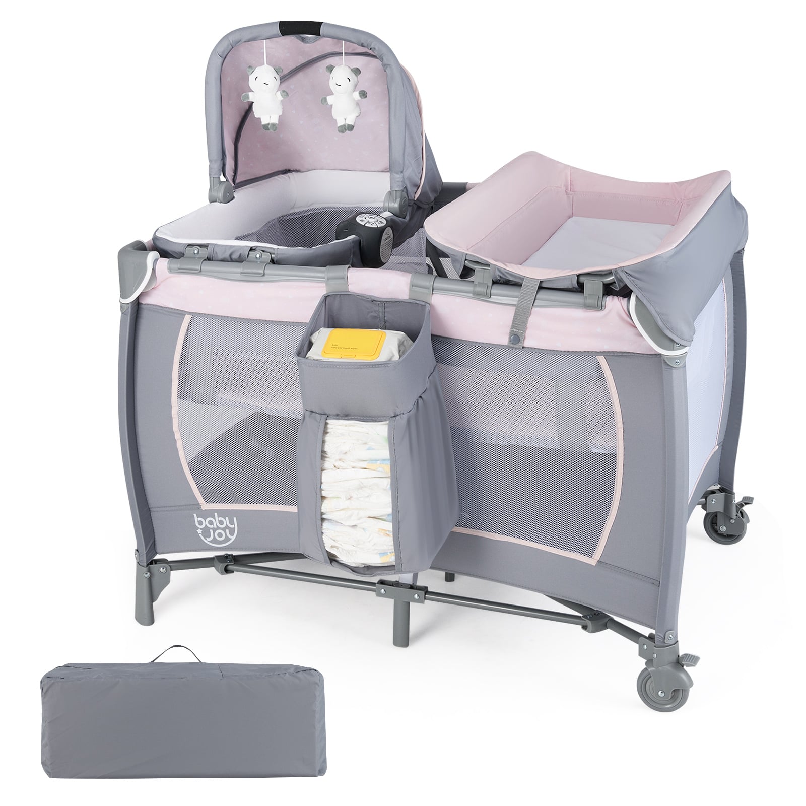 Faltbares Reisebett & Laufstall tragbares Babybett mit Babywiege Wickeltisch Spielbogen Musikbox Lila