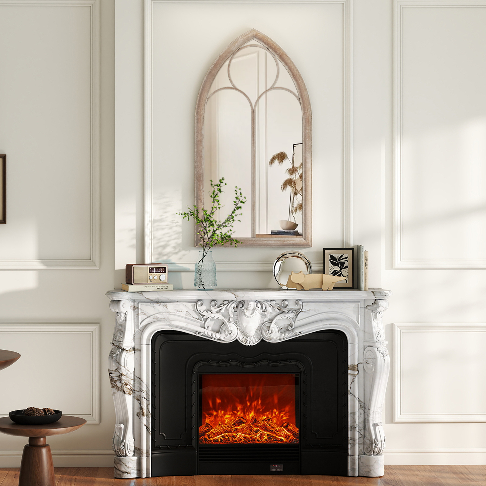 Farmhouse Fensterrahmen Spiegel gewölbter Wandspiegel mit Metallrahmen Grau 111,5 x 60,5 x 3,5 cm