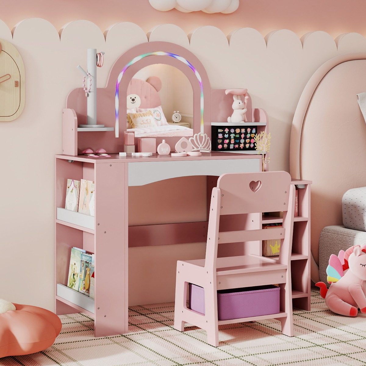 Kinderschminktisch mit Stuhl Spiegel & Beleuchtung Frisiertisch mit offenen Regalen Rosa