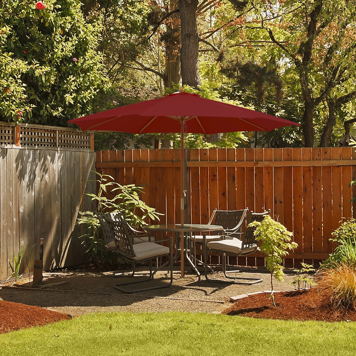 300 cm großer Sonnenschirm aus Holz Tischschirm mit 8 Bambusrippen 300 x 300 x 262 cm Weinrot