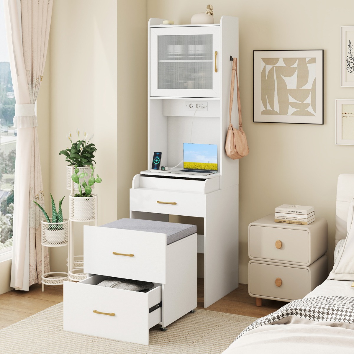 Schminktisch mit Klappspiegel platzsparender Kosmetiktisch mit Schubladen & Schrank Weiß