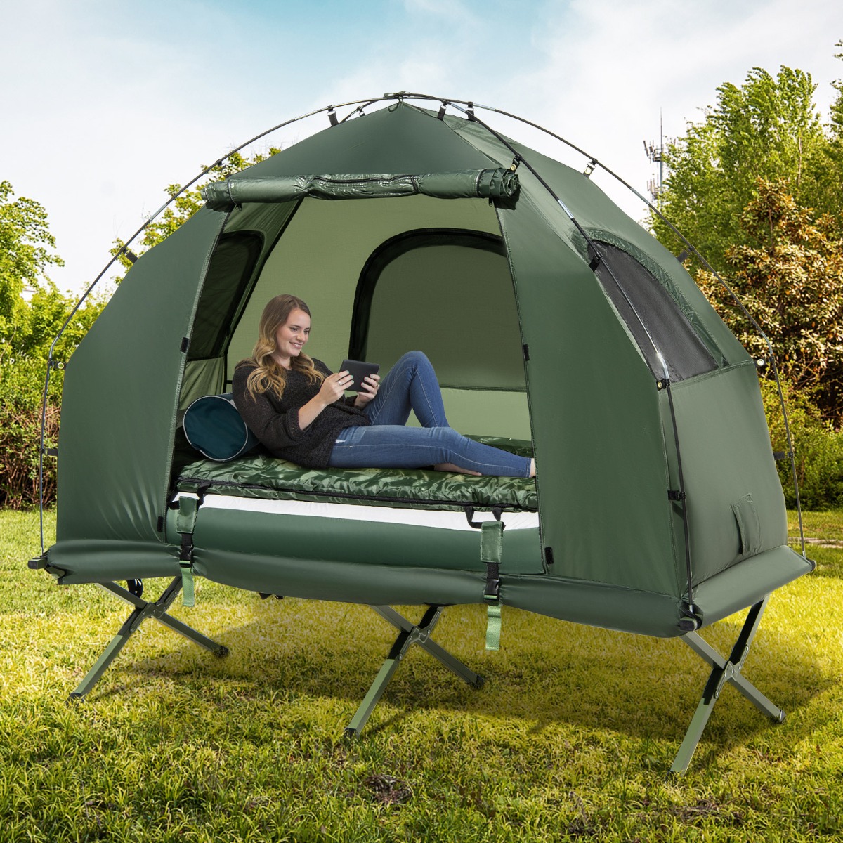 Campingbett mit Vorzelt & Luftmatratze & Schlafsack & Kissen Campingliege mit Tragetasche