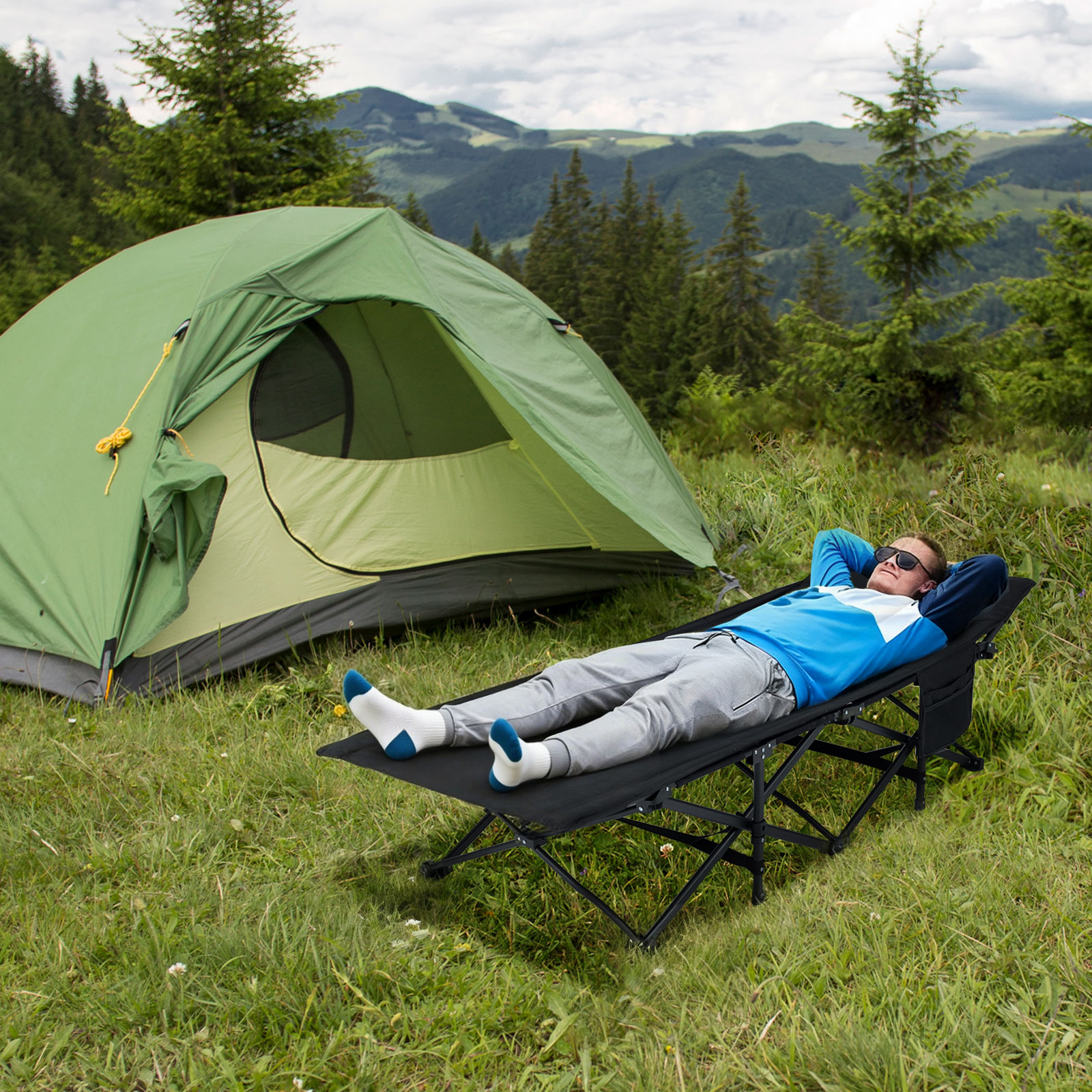 Feldbett klappbar für Erwachsene Campingbett mit 10-Punkt-Stützensystem Seitentasche & Tragetasche Schwarz