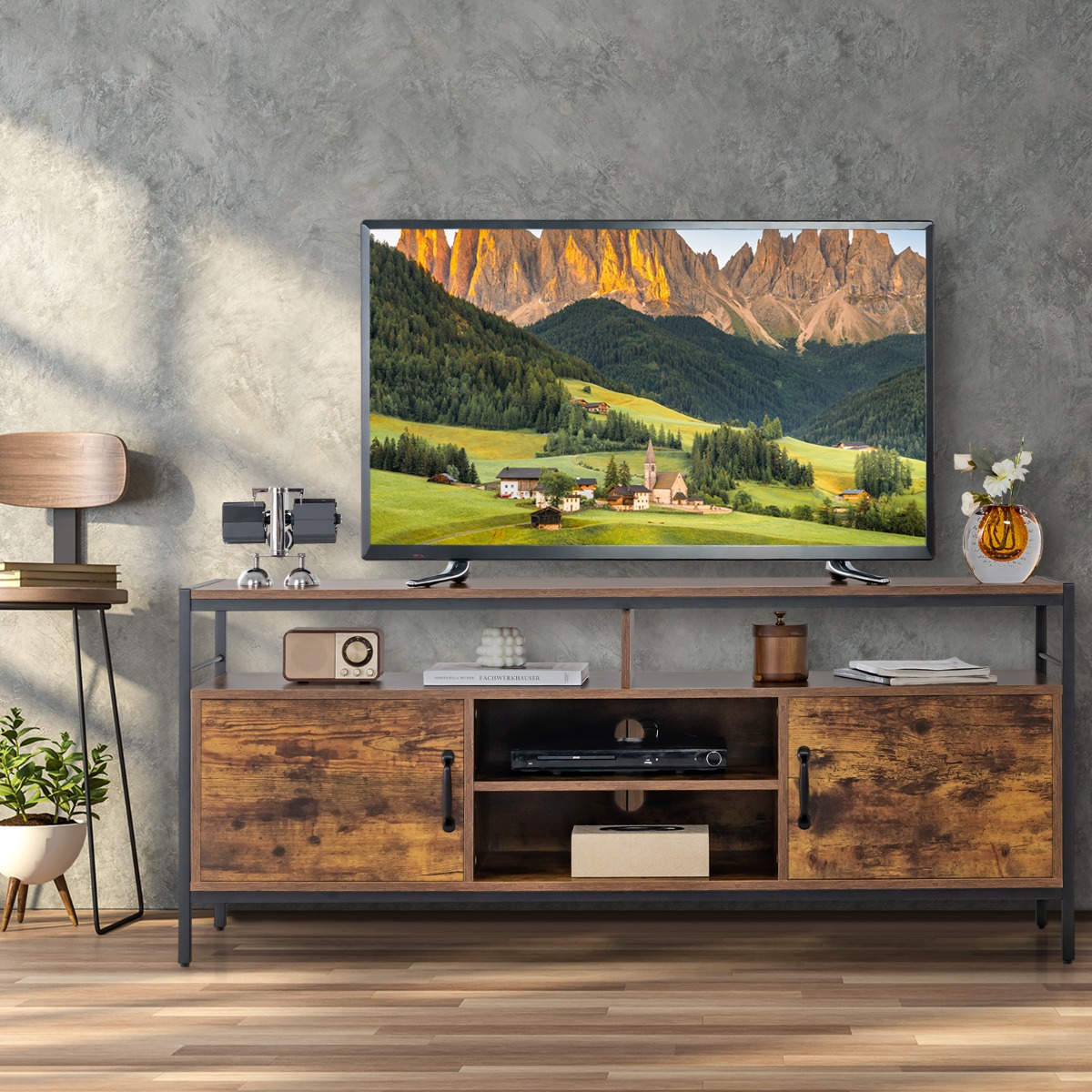 TV-Schrank für Fernseher bis zu 65 Zoll Lowboard mit 2 Türen & offenen Fächern Fernsehtisch
