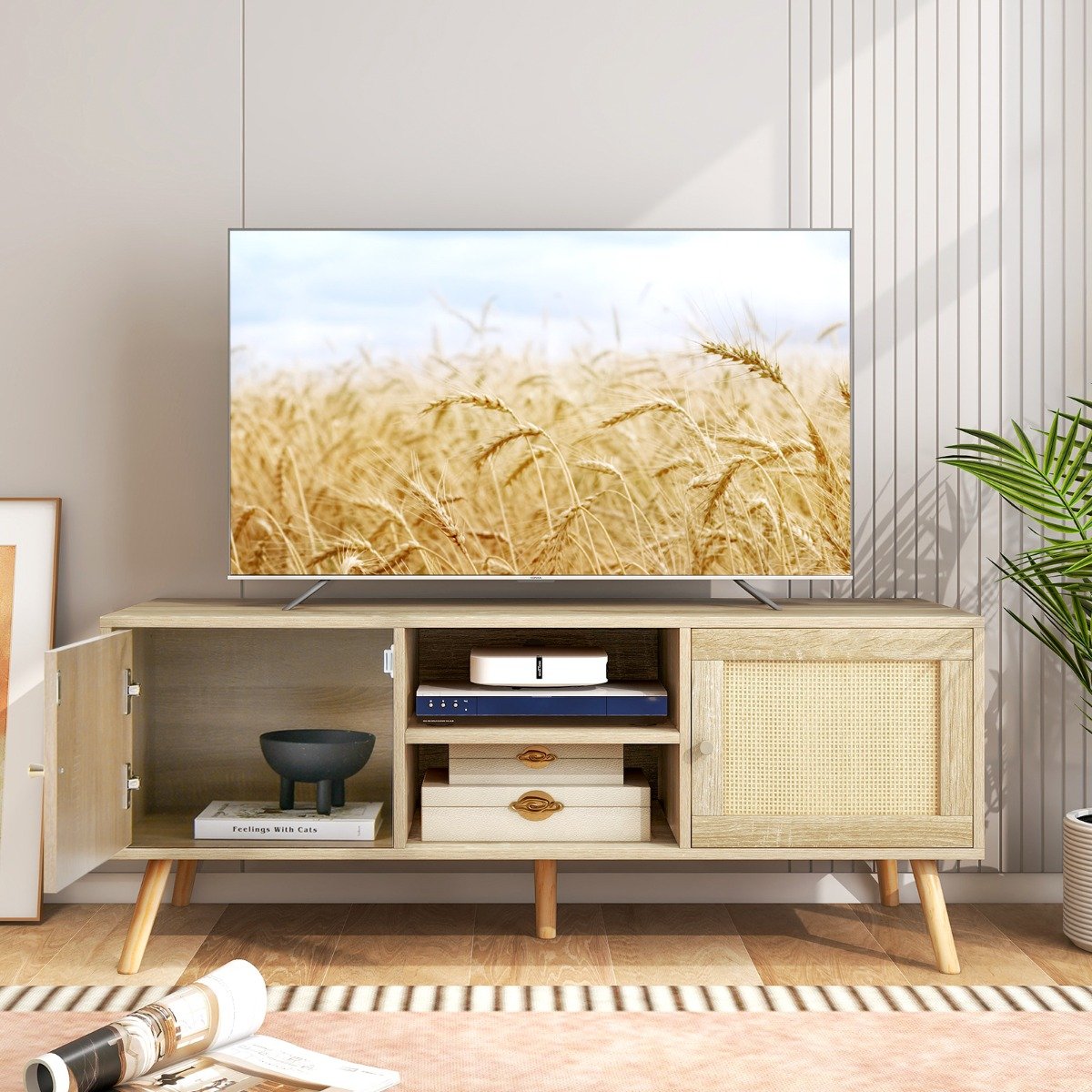 Rattan TV-Schrank mit 2 Türen & Offenen Fächern für Fernseher bis zu 55 Zoll 120 x 40 x 48,5 cm