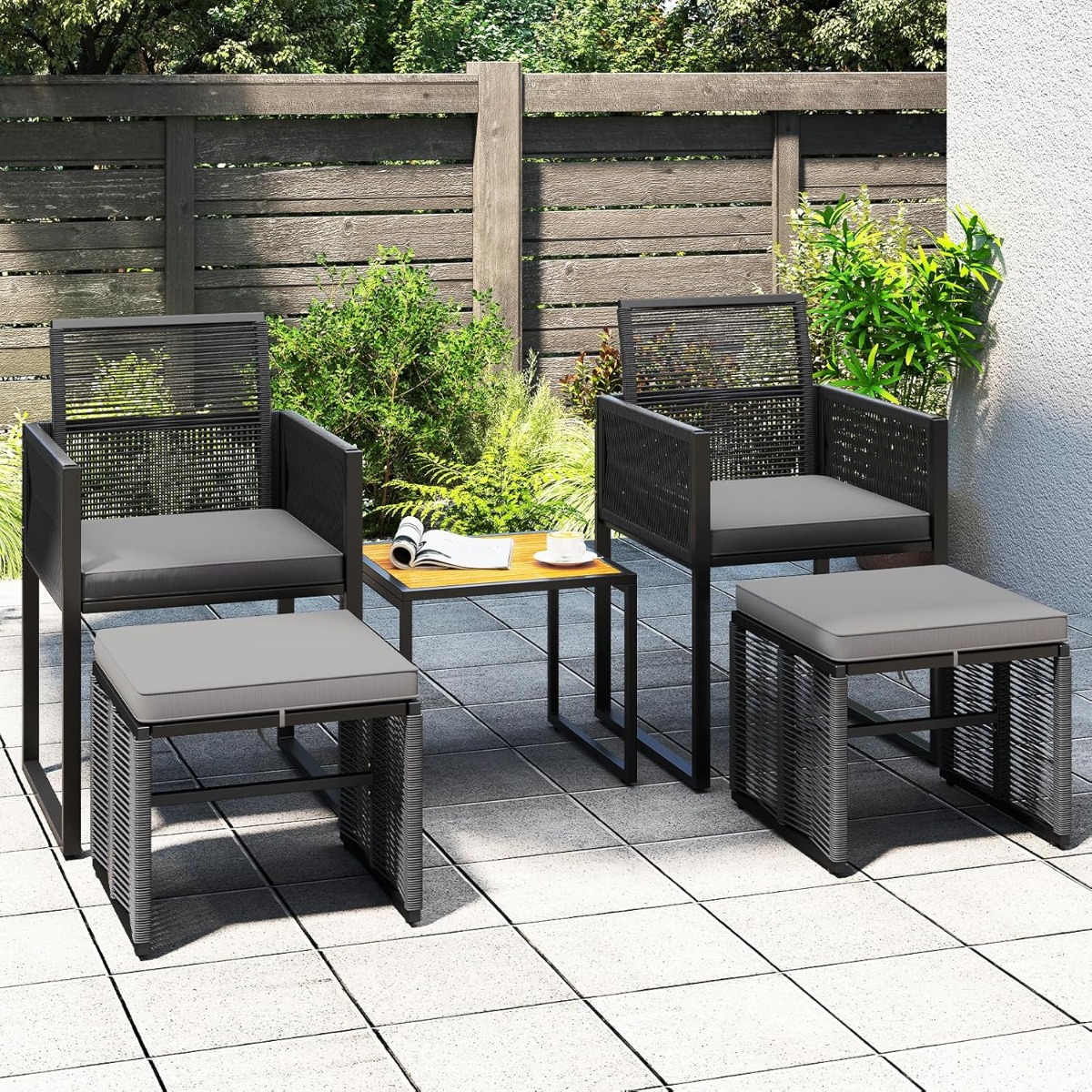 5tlg. Rattan Gartenmöbel Set inkl. 2 Stühle mit Kissen & Hocker & Tisch Balkonset Gartenset