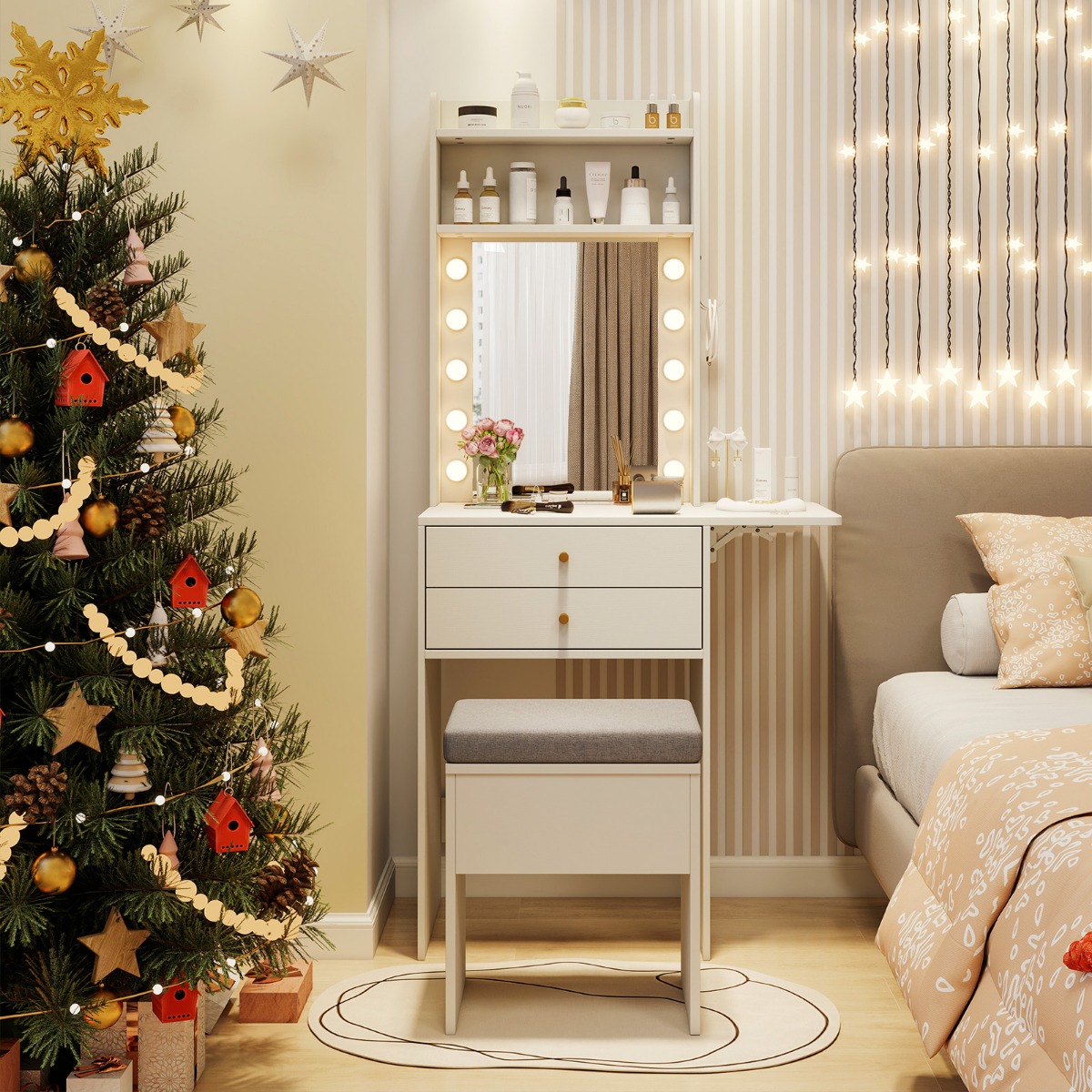 Schminktisch mit Beleuchtung Frisiertisch mit Ladestation Hocker mit Stauraum Weiß