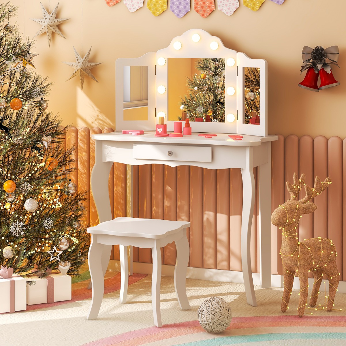 2 in 1 Kinder Schminktisch mit LED-Leuchten & Klappbarem Spiegel & Schubladen Weiß