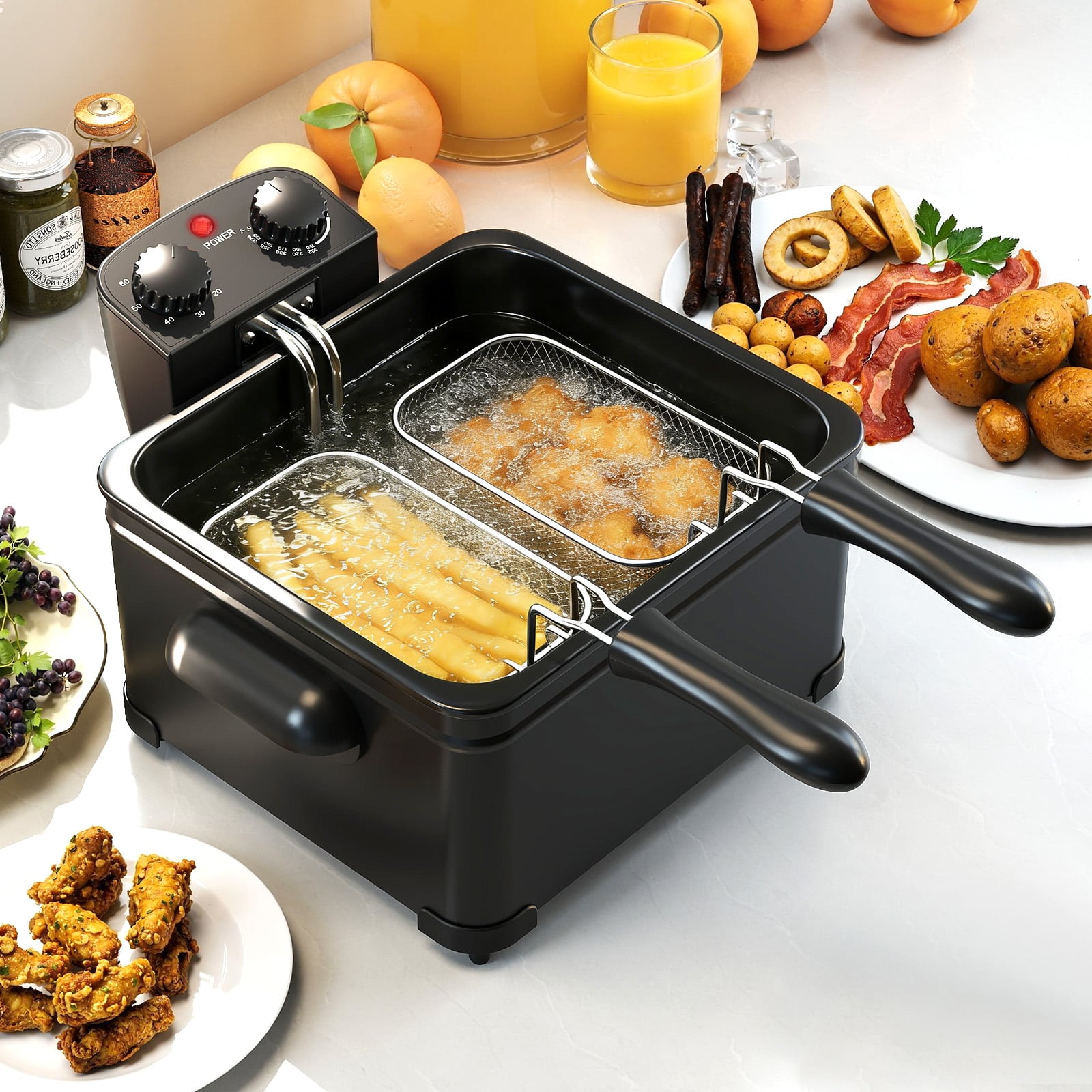 Fritteuse 1700W elektrische Friteuse 5L Frittiertopf mit 1 großen und 2 kleinen Körben Schwarz