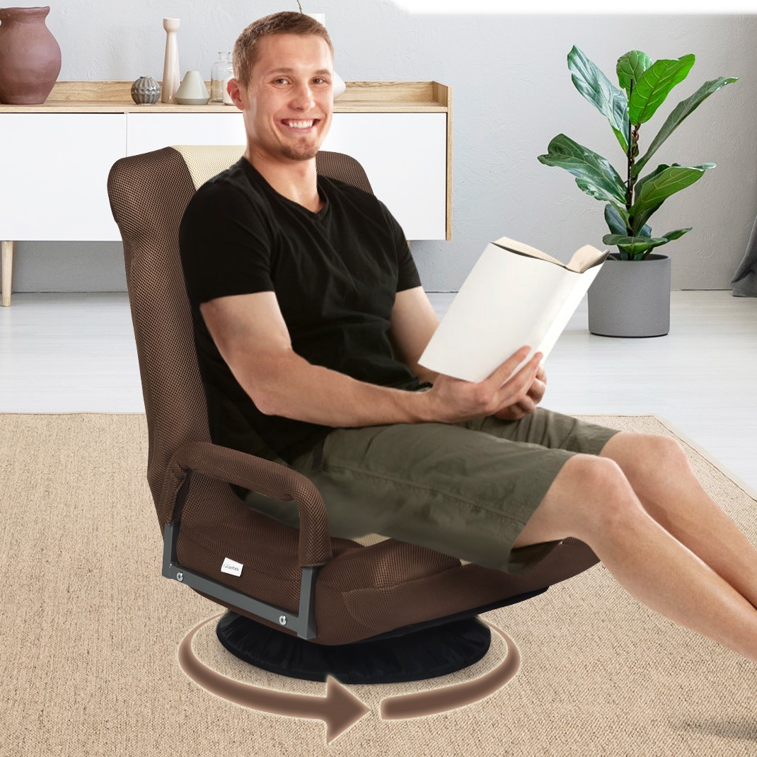 Verstellbarer 6-Positionen-Bodenstuhl Fußbodensessel mit Drehfuß 61-87 x 55 x 75 cm Beide + Braun