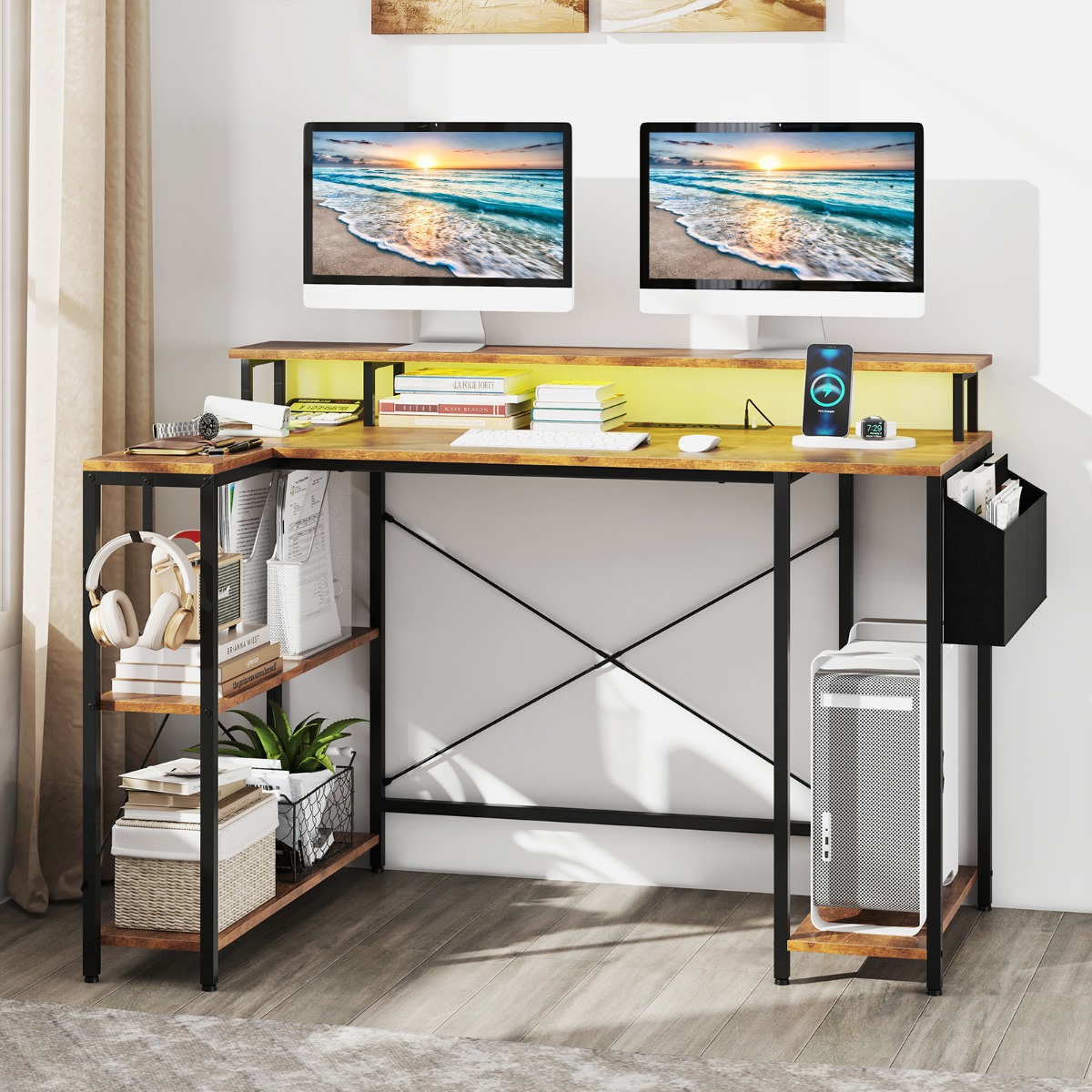 L-förmiger Schreibtisch mit Steckdosen & LED-Beleuchtung Gaming Computertisch Rustikales Braun