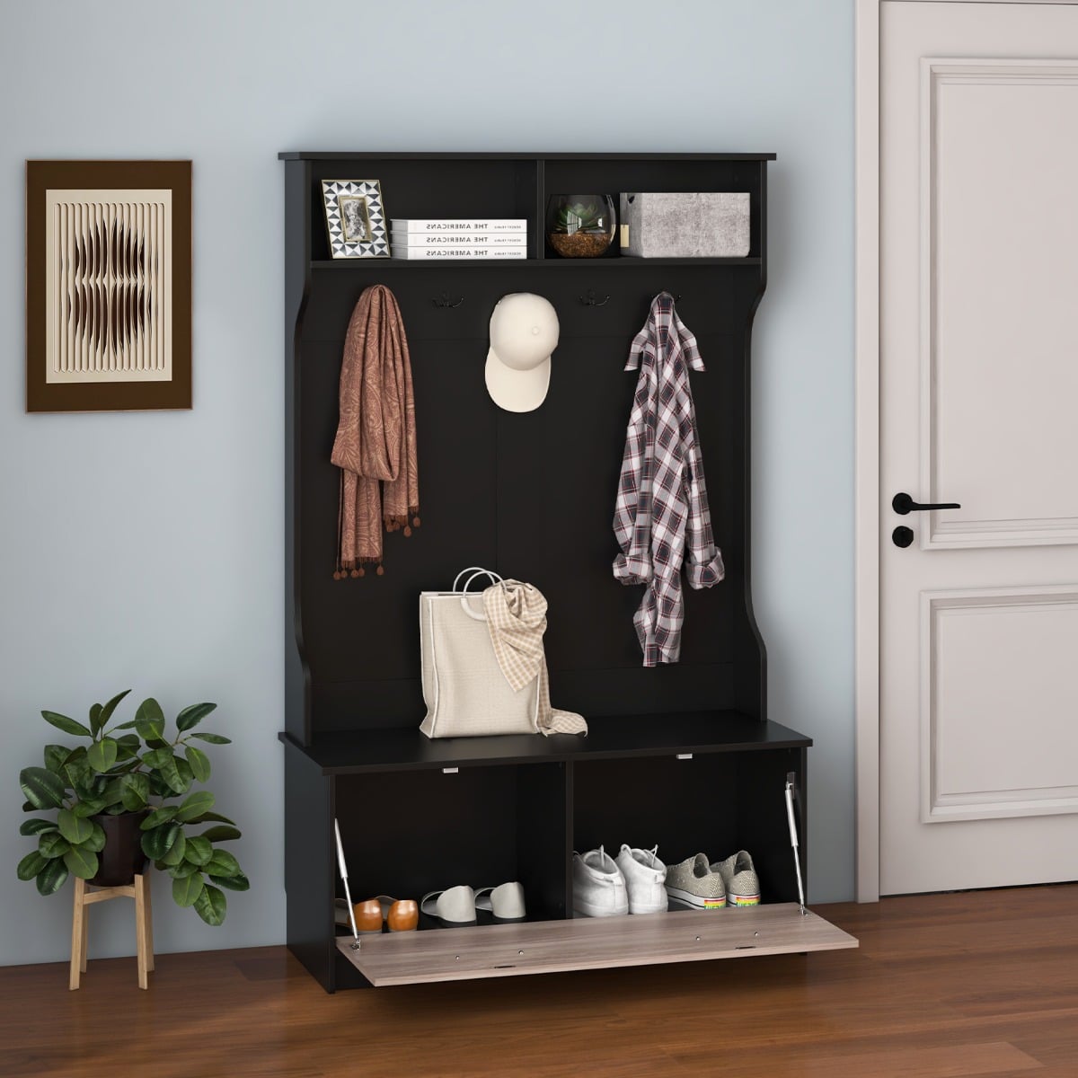 Garderobenständer mit Sitzbank & 5 Doppelhaken Garderobe Flurgarderobe 100 x 40 x 160 cm Schwarz