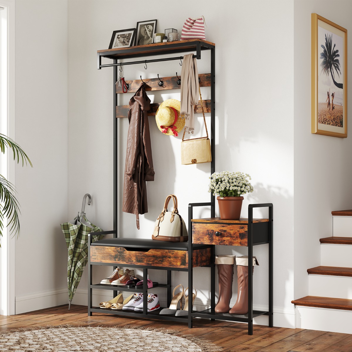 Garderobenständer mit Schuhbank & 12 Haken & Schublade & Ablage Garderobe Eingangsbank