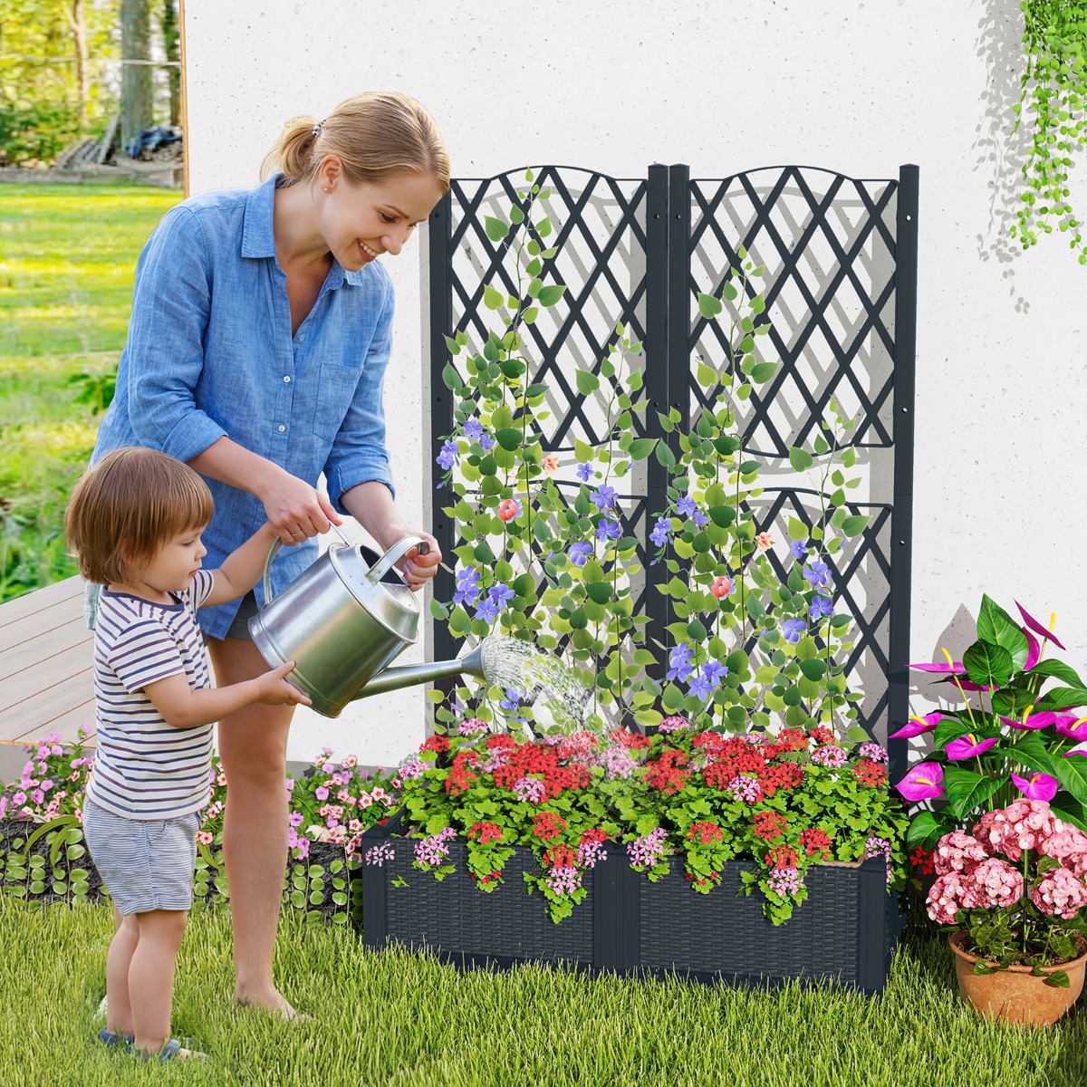Blumenkasten mit Rankgitter Pflanzkasten für Kletterpflanzen Hochbeet mit Spalier 80 x 40 x 122 cm Grau
