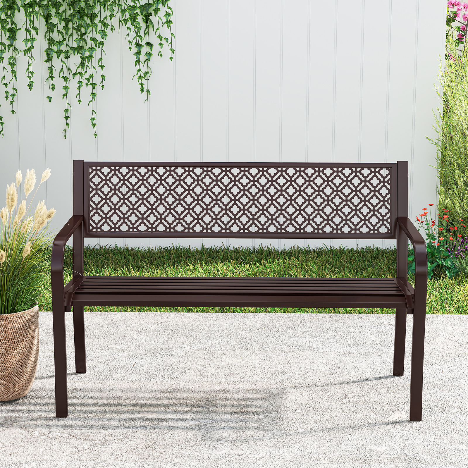 Gartenbank Metall wetterfeste Sitzbank für 2 Personen Balkonbank mit Rückenlehne & Armlehne 127 x 59 x 82 cm Braun