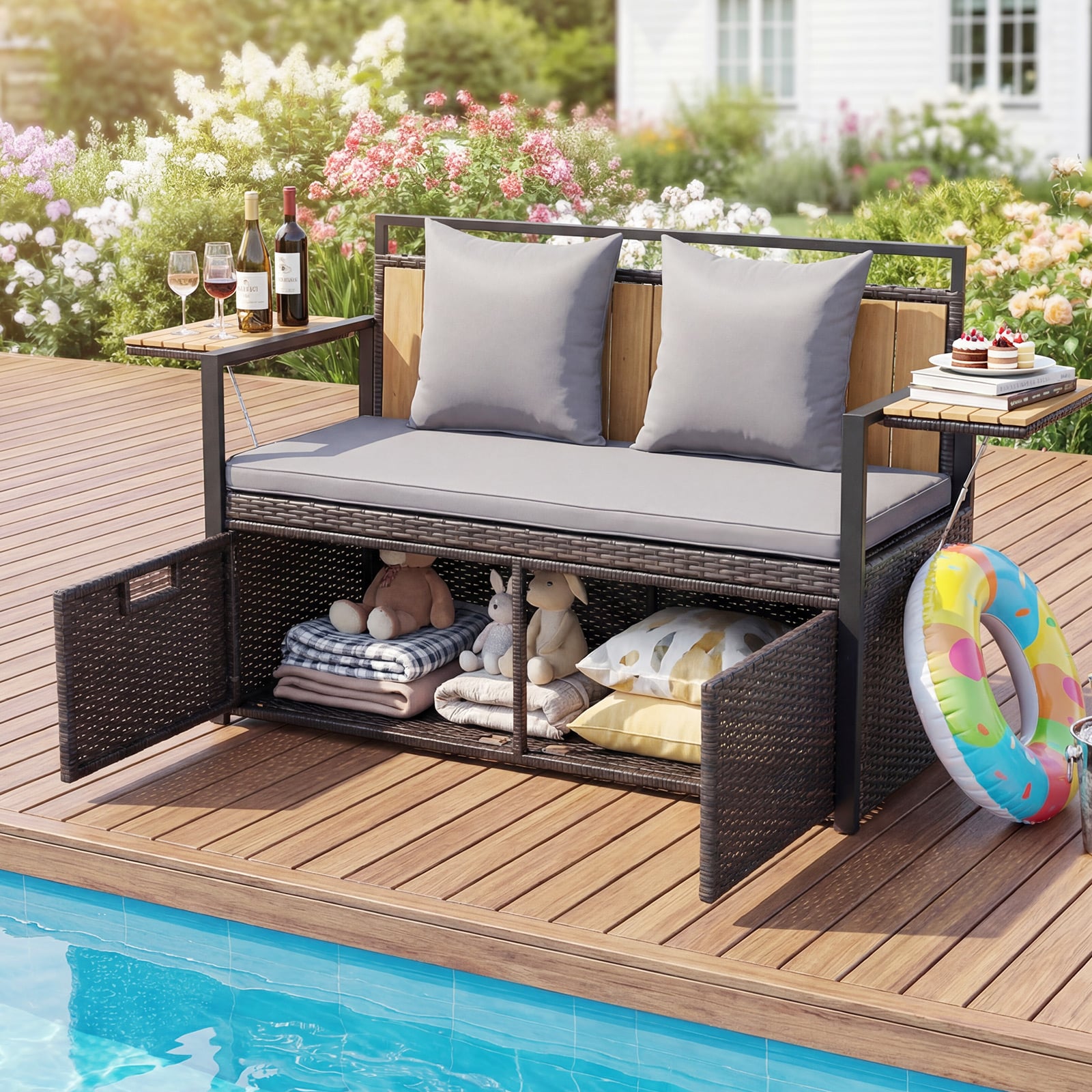 Gartenbank mit Stauraum 2-Sitzer Truhenbank mit Kissen & Klappbaren Seitenablagen Sitzbank Rattan Grau