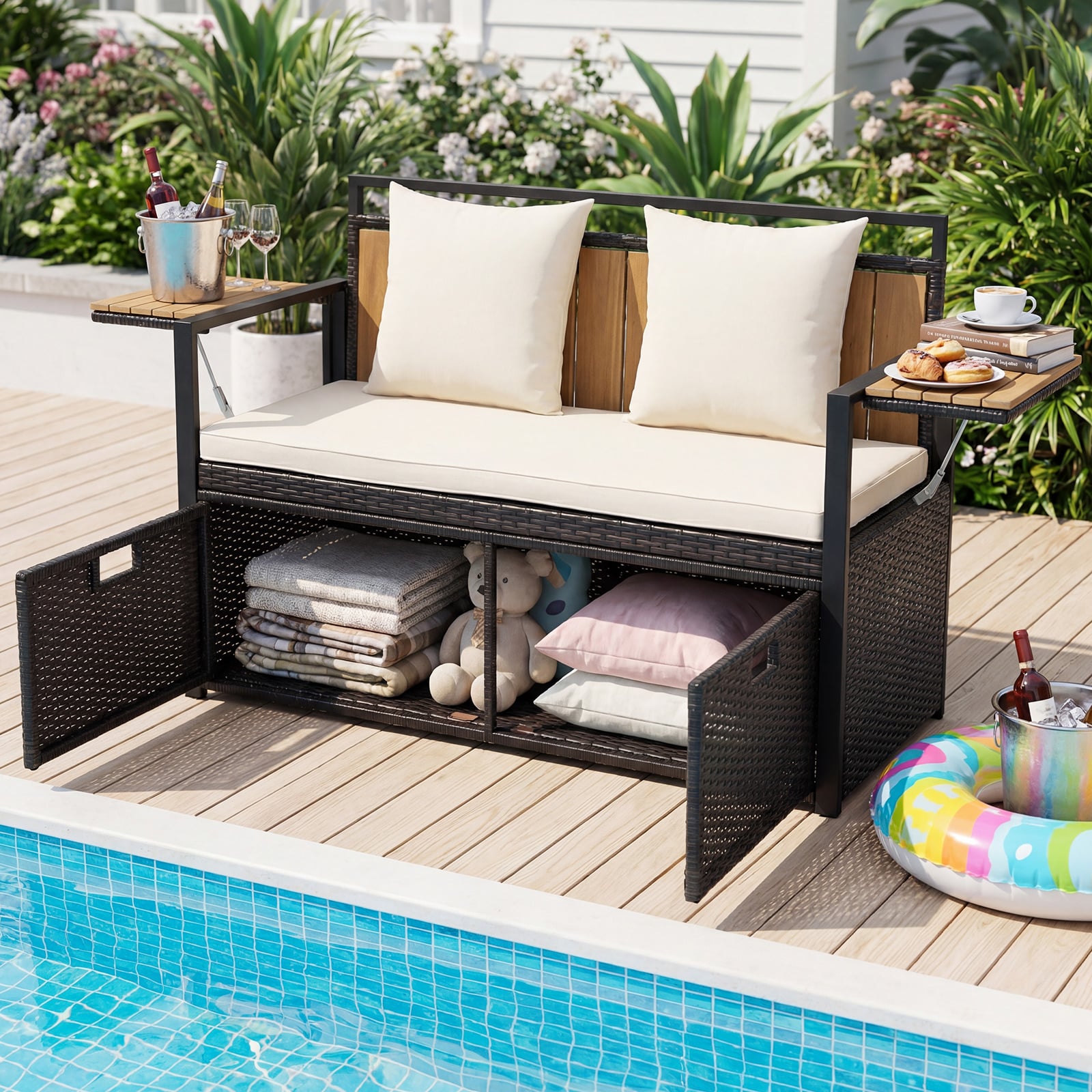 Gartenbank mit Stauraum 2-Sitzer Truhenbank mit Kissen & Klappbaren Seitenablagen Sitzbank Rattan Weiß