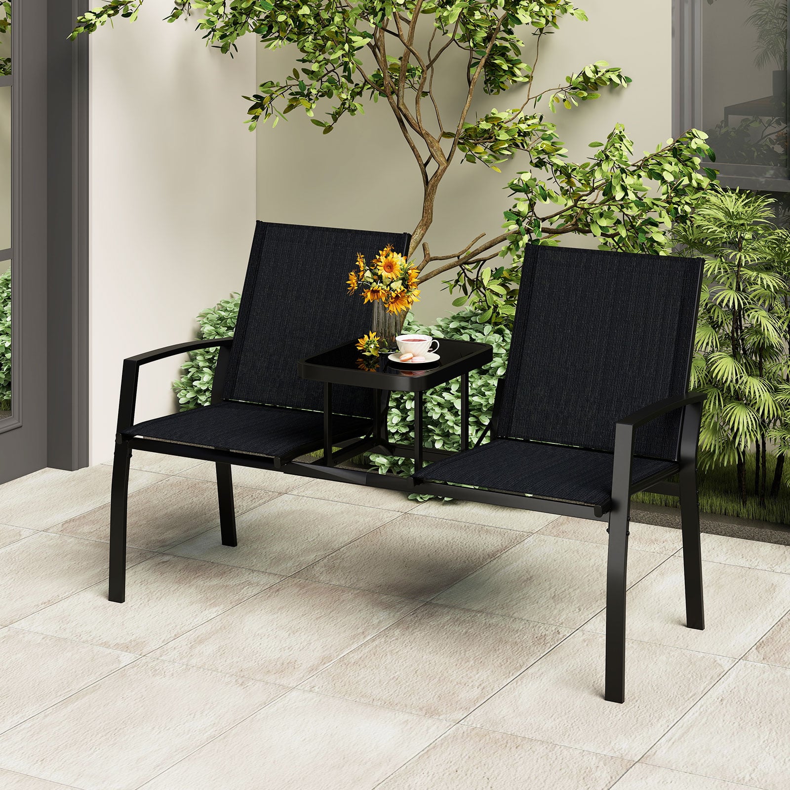 Gartenbank mit Tisch Sitzbank mit atmungsaktivem Stoff 2-Sitzer Bank Sitzgruppe Balkonbank