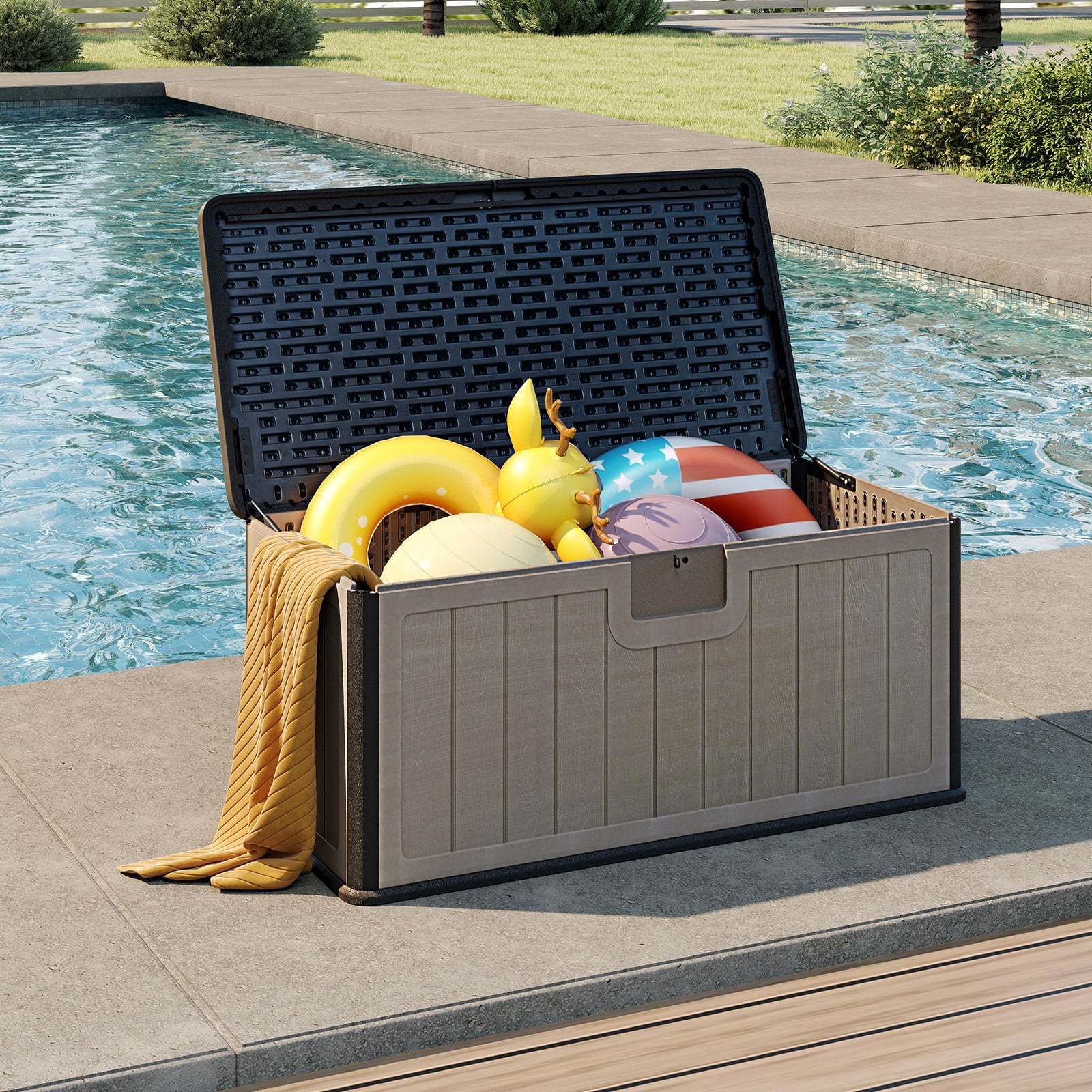 Gartenbox 378 L Auflagenbox Wasserdicht für Garten mit Abschließbarem Deckel Aufbewahrungsbox für Kissen & Gartengeräte Schwarz+Braun