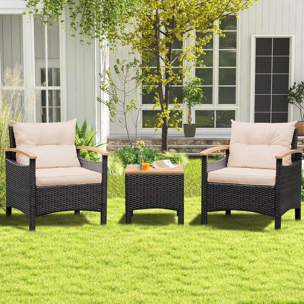 3tlg. Rattan Gartenmöbel Set mit 2 Sessel & 1 Beistelltisch Rattanmöbel Gartenset Gartenlounge Braun
