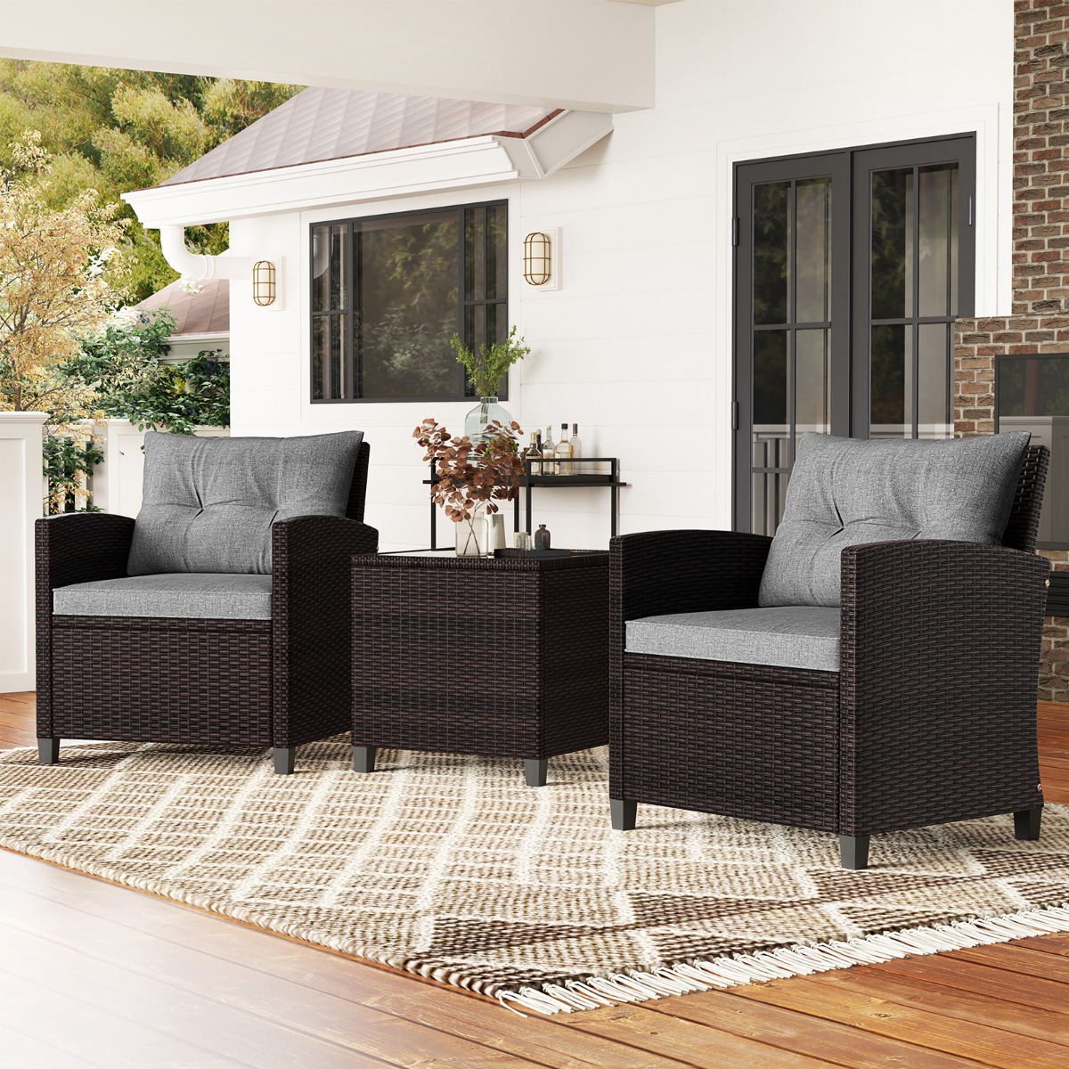 3-TLG. Rattan Gartenmöbel Set inkl. 2 Sessel & 1 Beistelltisch Polyrattan Sitzgruppe Grau