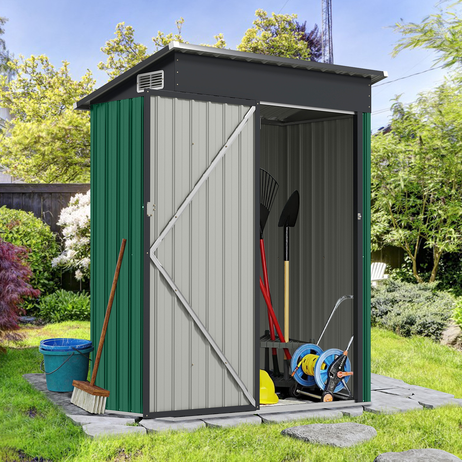 Gartenhaus Metall 150 x 90,5 x 185 cm | 1,5 m³ Gerätehaus mit Pultdach Grün