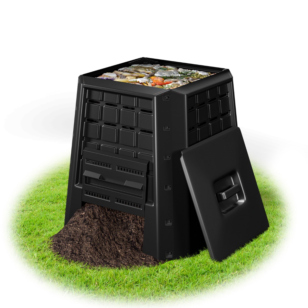 Garten Komposter 380 L PP Thermokomposter mit Deckel & verstellbaren Luftschlitzen 78 x 64 x 80 cm Schwarz