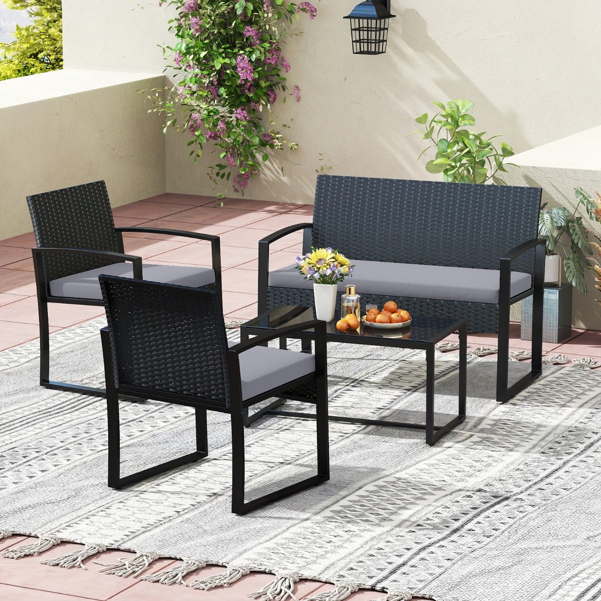 Rattan Gartenmöbel Set mit 2 Sessel & Bank & Tisch & Sitzkissen Outdoor Lounge Möbel Grau