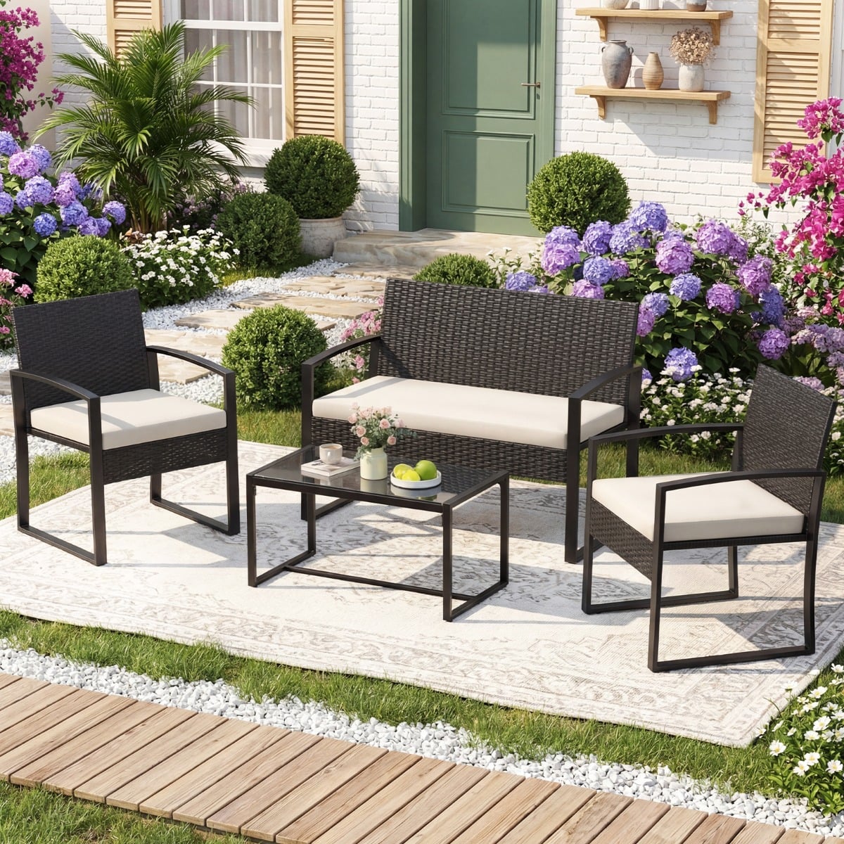 Rattan Gartenmöbel Set mit 2 Sessel & Bank & Tisch & Sitzkissen Outdoor Lounge Möbel Beige