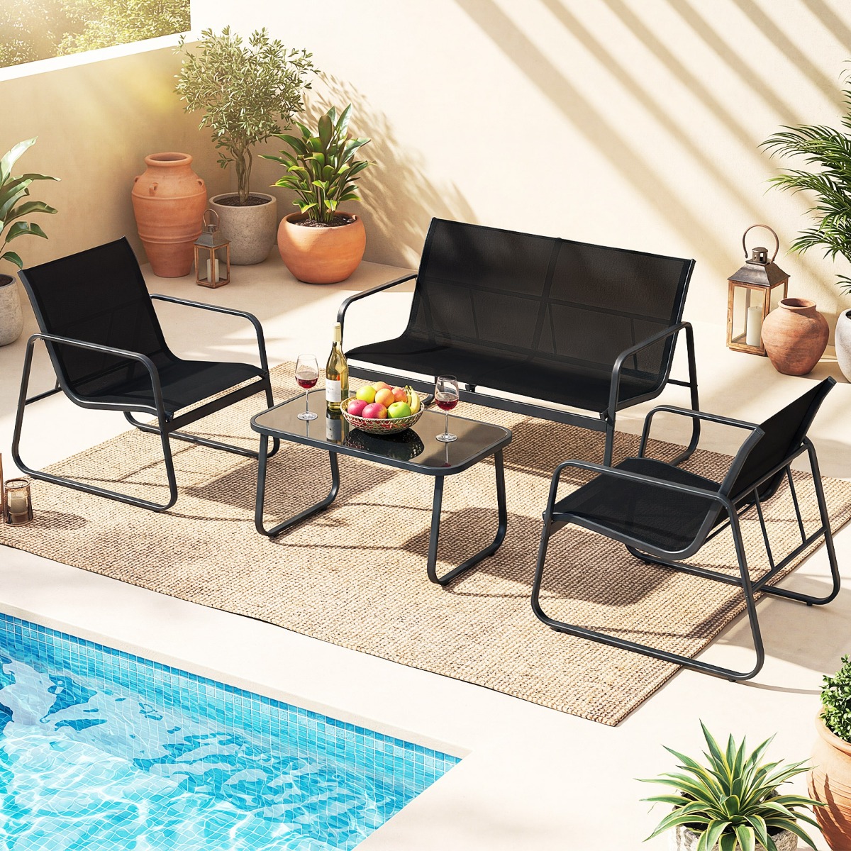 Gartenmöbel Set mit 2 Stühlen & Bank & Tisch & Kissen Outdoor Lounge Möbel Sitzgruppe Grau