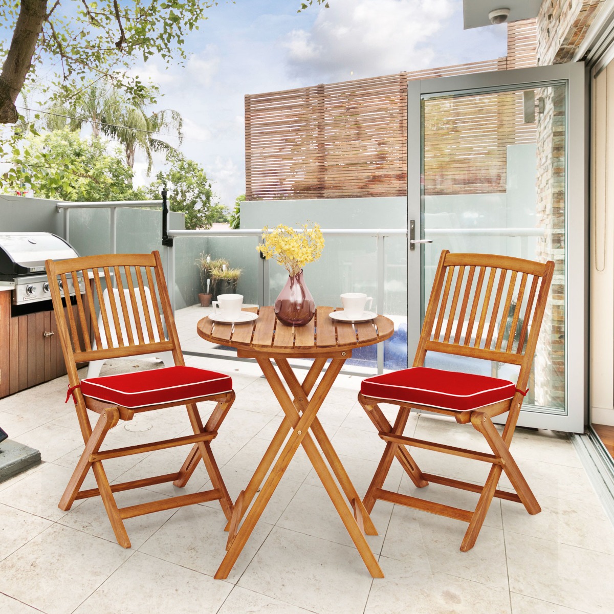 3-TLG. Terrassenmöbel-Set mit Rundem Tisch & 2 Stühlen & 2 Kissen Ergonomische Sitzgarnitur Rot