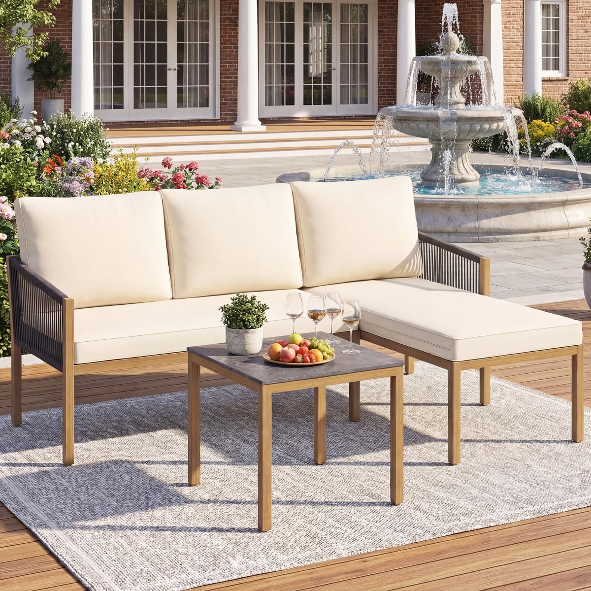 Gartenlounge mit Tisch & Kissen 3-teilige Sitzgruppe Gartenmöbel Sitzgarnitur für Garten