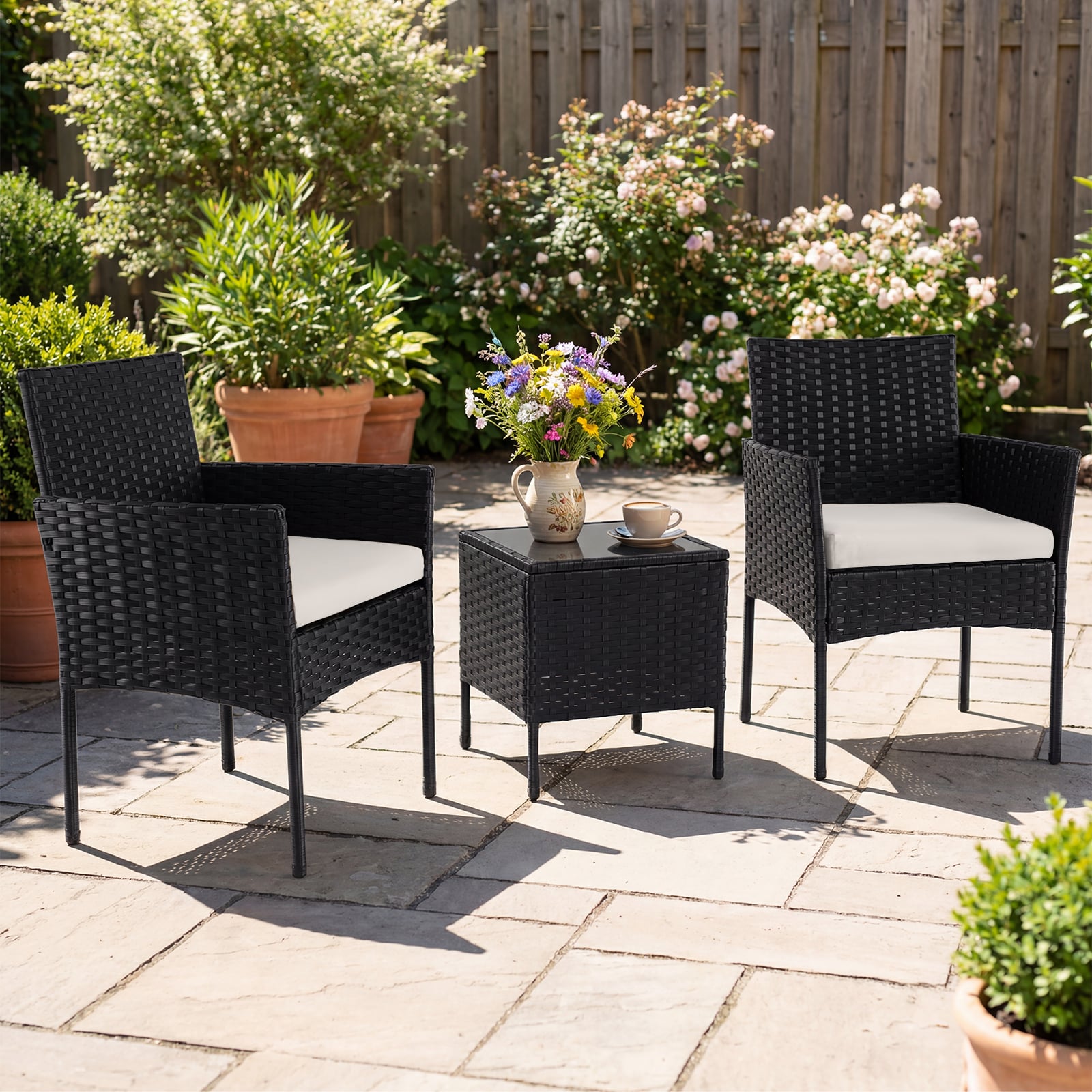 Gartenmöbel Set 3-teiliges Rattan Balkonmöbel mit 2 Stühlen & Gartentisch Beige