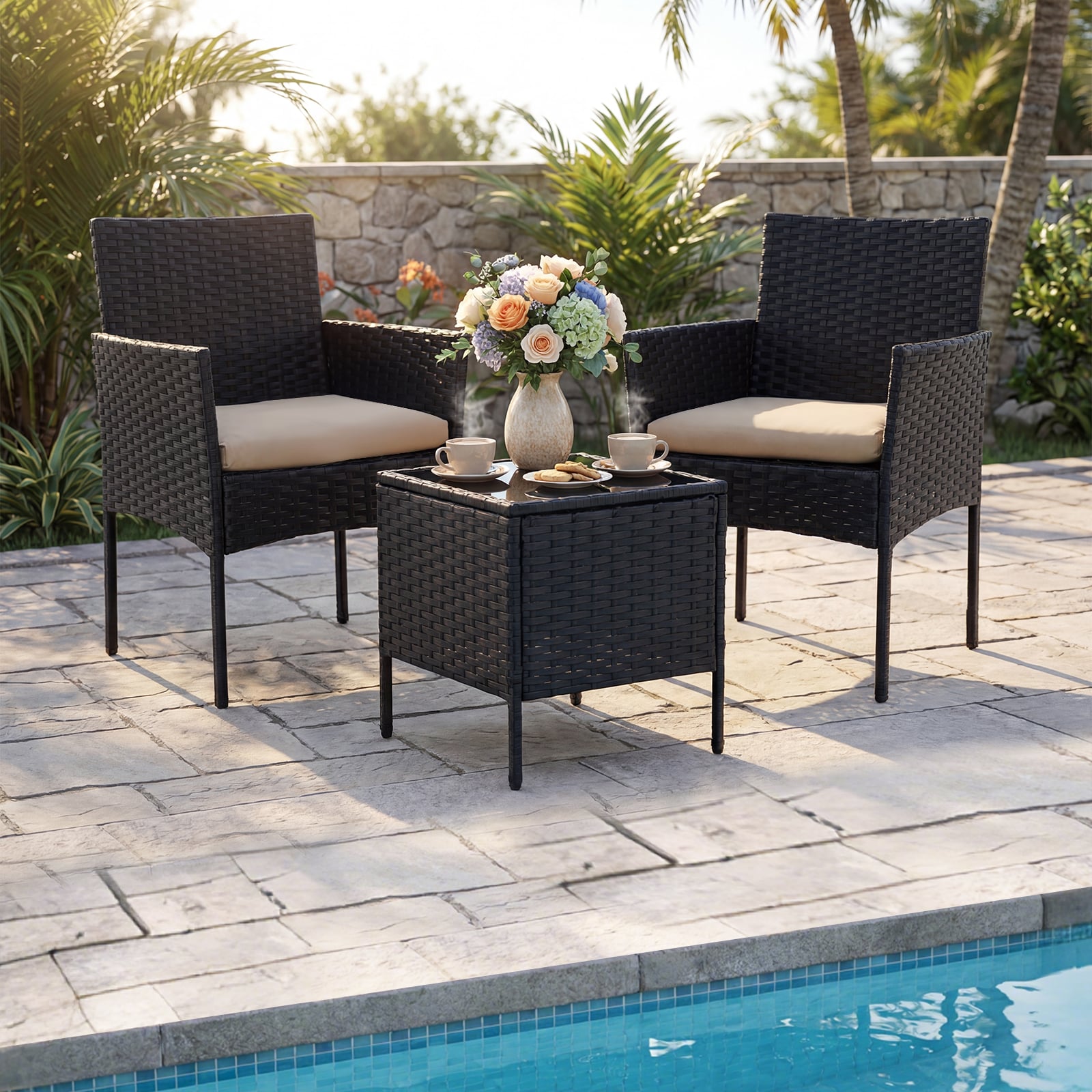 Gartenmöbel Set 3-teiliges Rattan Balkonmöbel mit 2 Stühlen & Gartentisch Gelb