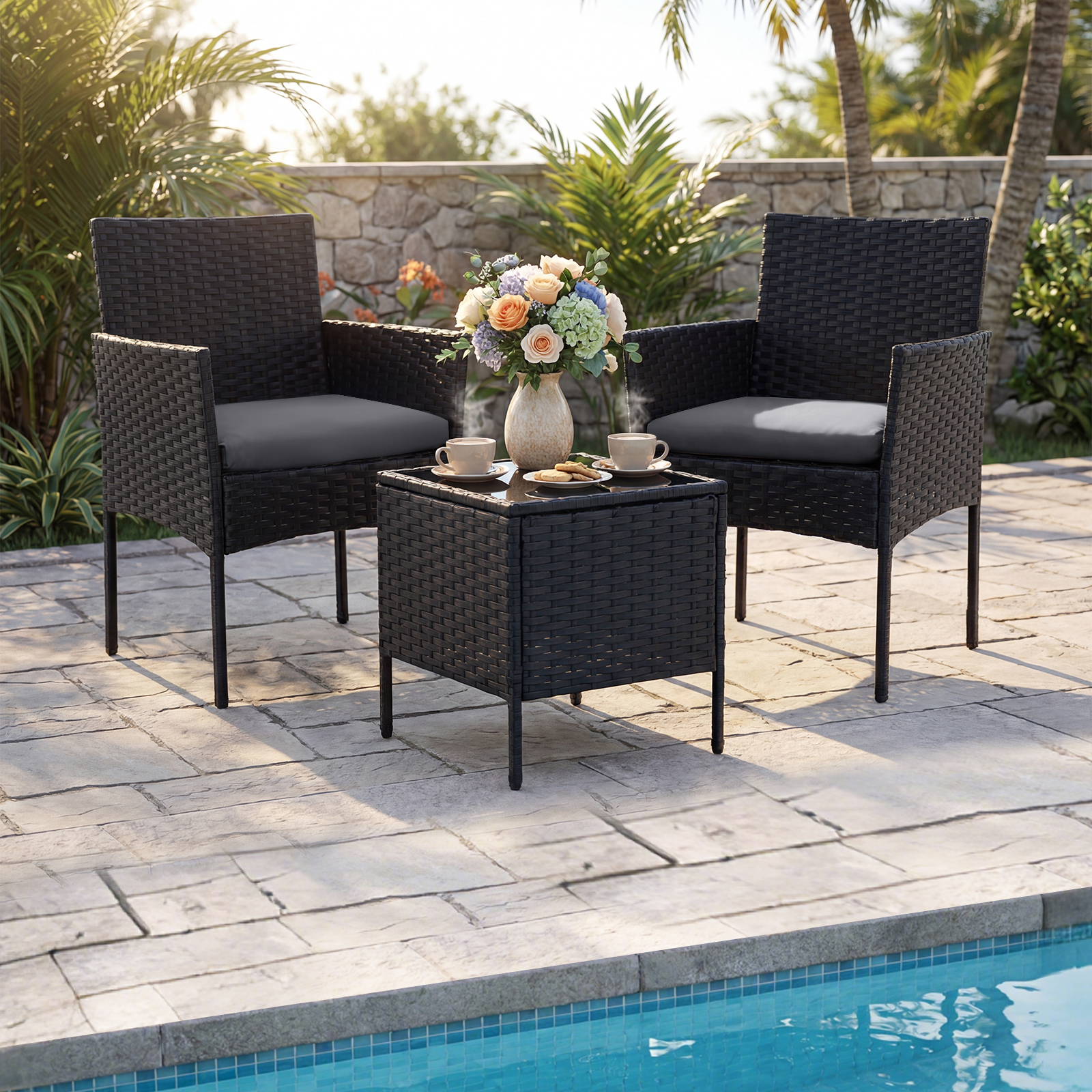 Gartenmöbel Set 3-teiliges Rattan Balkonmöbel mit 2 Stühlen & Gartentisch Grau