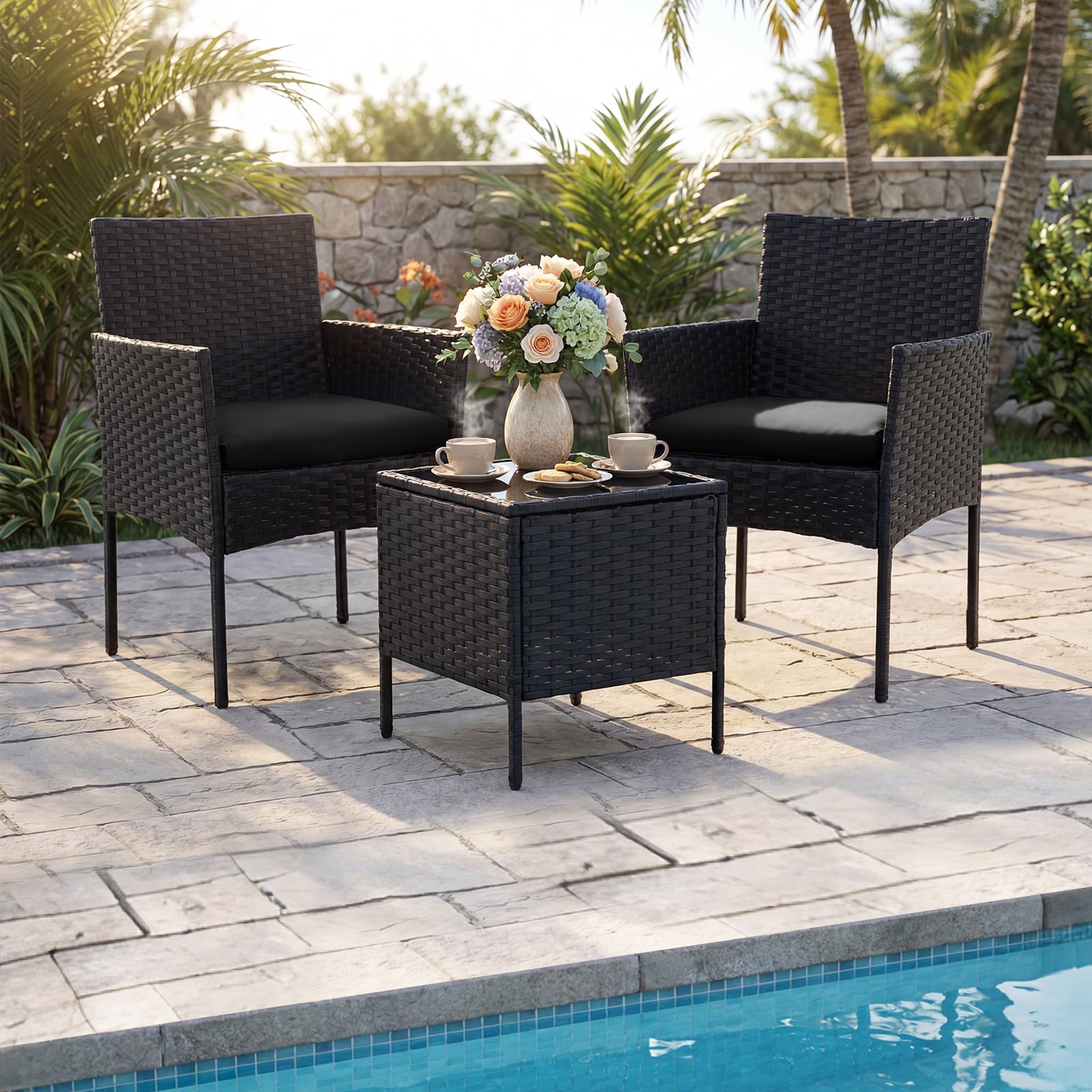 Gartenmöbel Set 3-teiliges Rattan Balkonmöbel mit 2 Stühlen & Gartentisch Outdoor Gartenlounge Schwarz