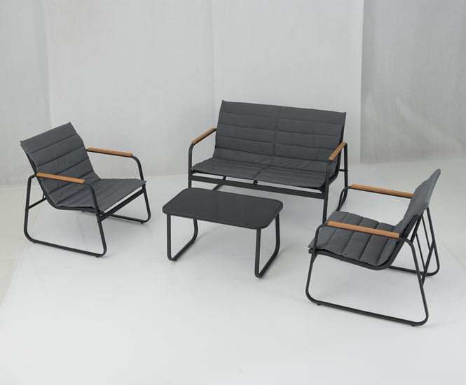 Gartenmöbel Set mit 2 Stühlen & Bank & Tisch & Kissen Outdoor Lounge Möbel Sitzgarnitur Grau