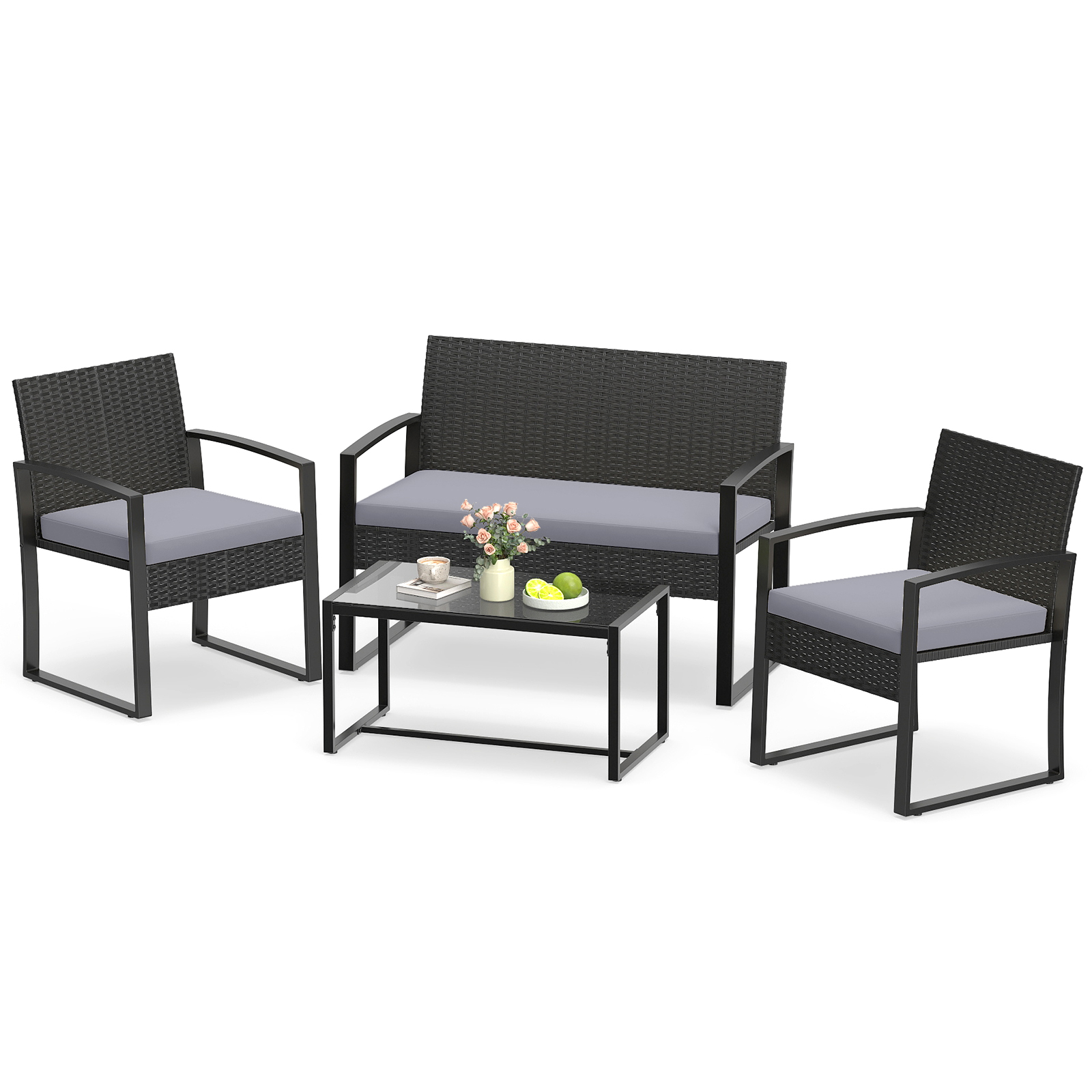 Rattan Gartenmöbel Set mit 2 Sessel & Bank & Tisch & Sitzkissen Outdoor Lounge Möbel Grau