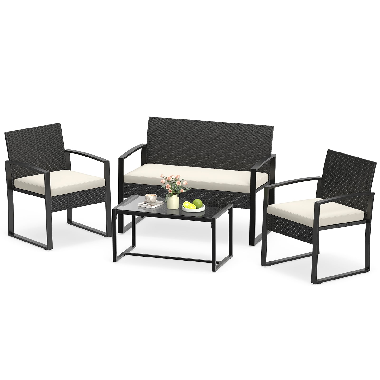 Rattan Gartenmöbel Set mit 2 Sessel & Bank & Tisch & Sitzkissen Outdoor Lounge Möbel Beige