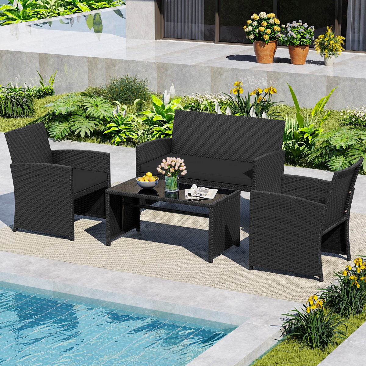 4-teiliges Rattan Gartenmöbel Wicker 2-Sitzer Sofa mit gehärtetem Glas-Couchtisch Schwarz