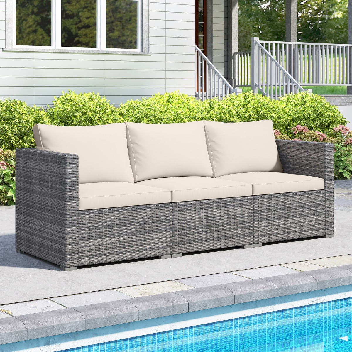3-teiliges Gartensofa Set Lounge Sofa 3 Sitzer aus PE Rattan Modulares Sofa mit weichen Kissen Weiß