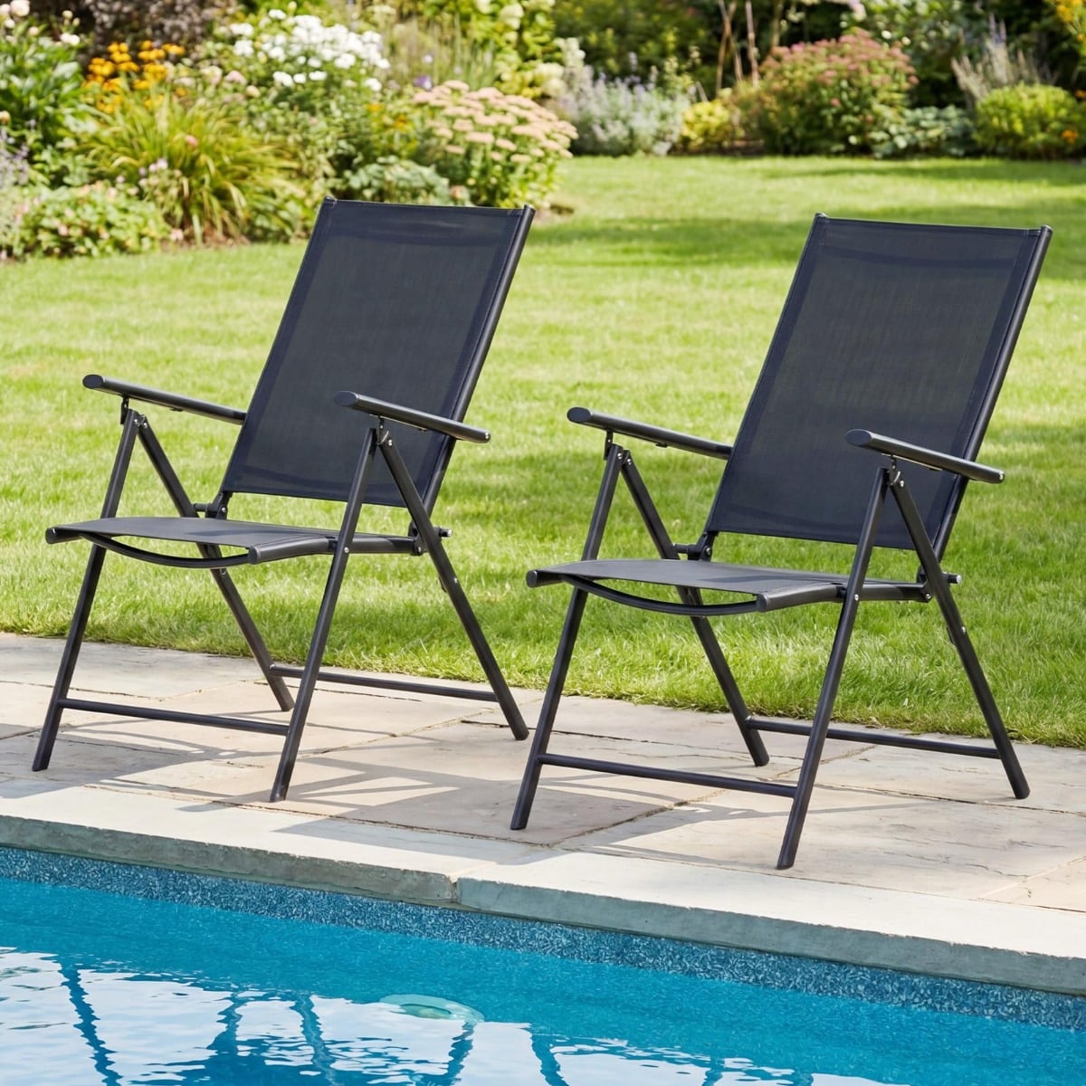 2er-Set Gartenstühle klappbarer Balkonstuhl mit 5-fach verstellbarer Rückenlehne & Armlehnen Schwarz