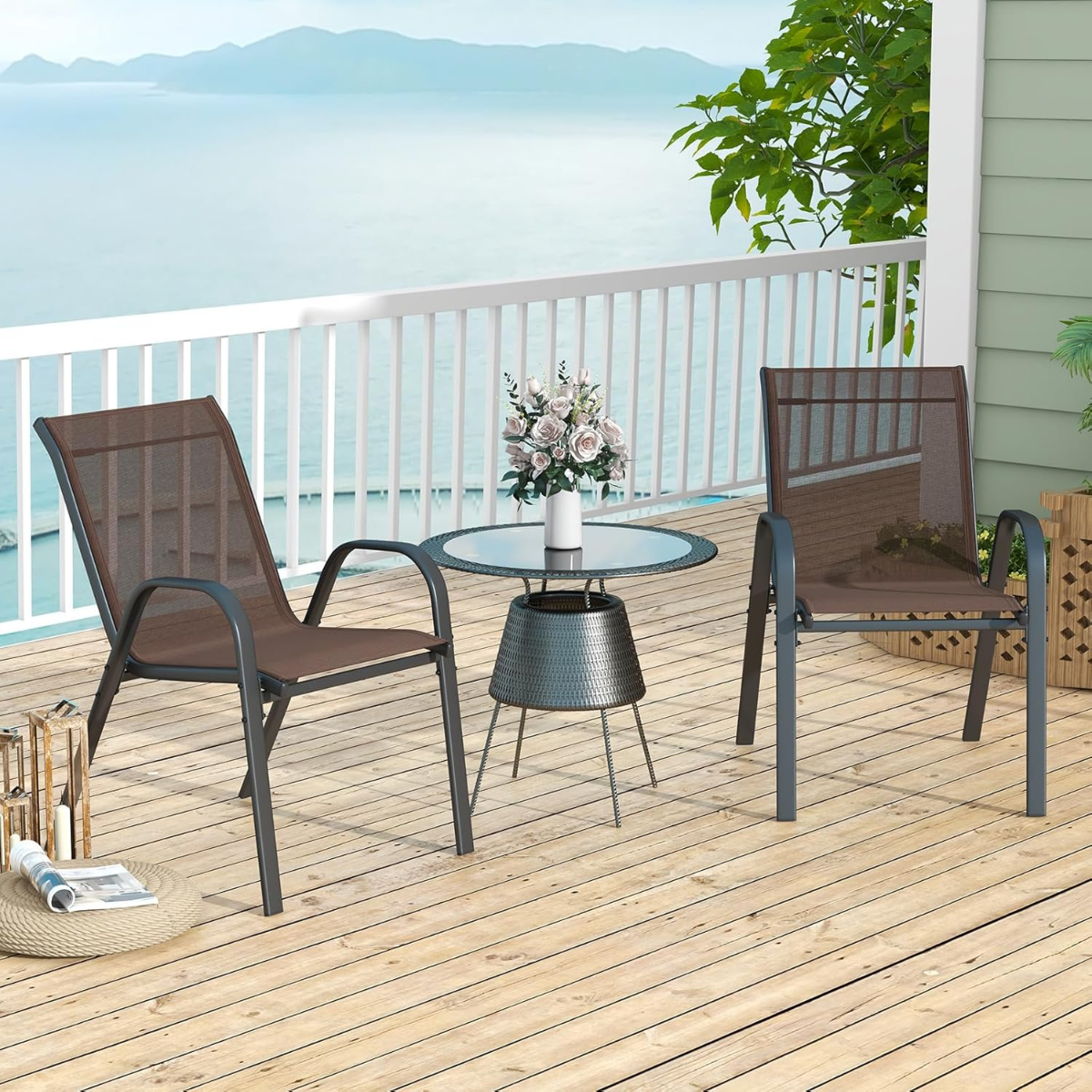 4er Set Gartenstühle stapelbar Stapelstühle aus Textilene und Metallgestell 56 x 70 x 84 cm Braun