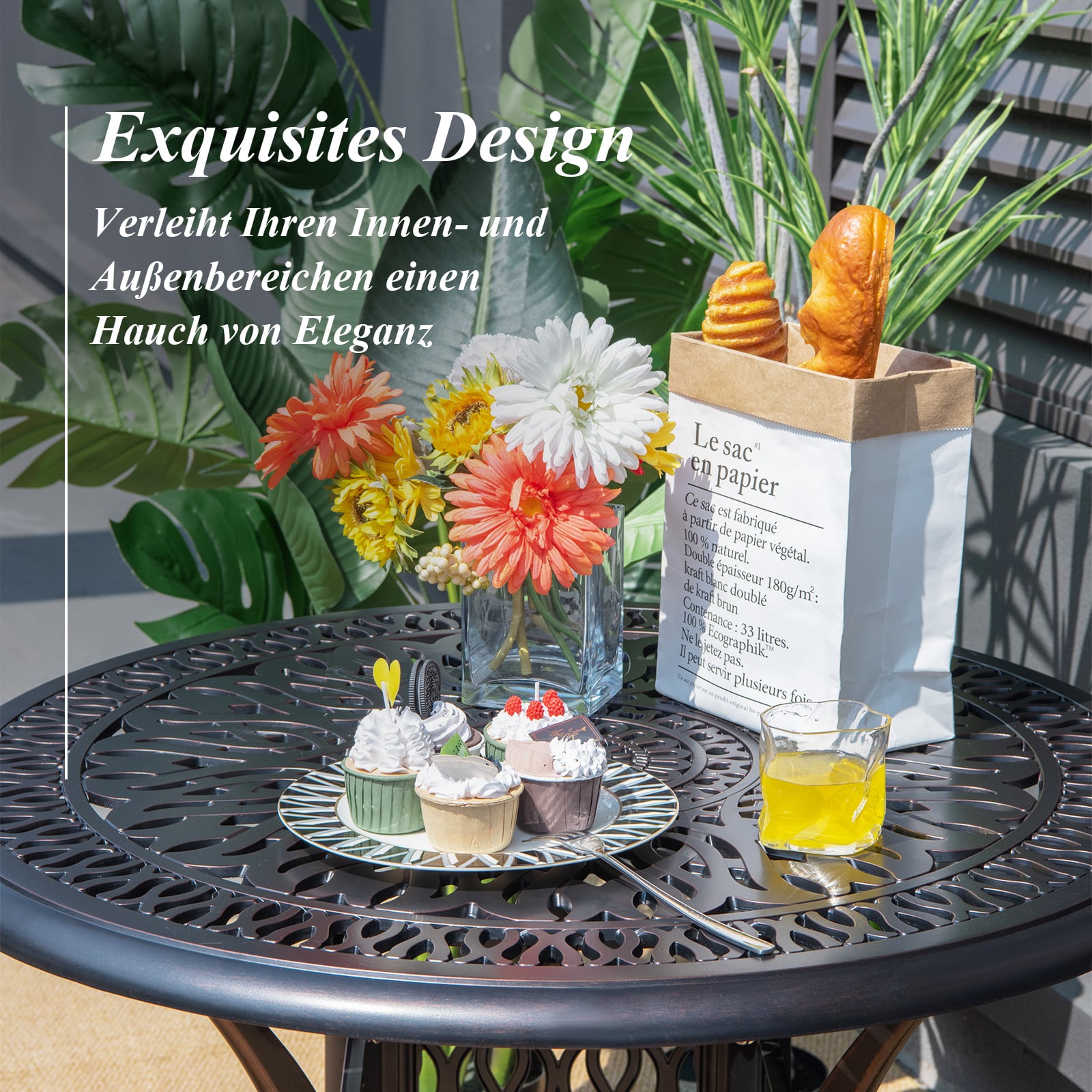 Gartentisch mit Schirmloch Ø 90 cm runder Balkontisch aus Aluminiumguss wetterfester Terrassentisch für Garten 90 x 90 x 72 cm